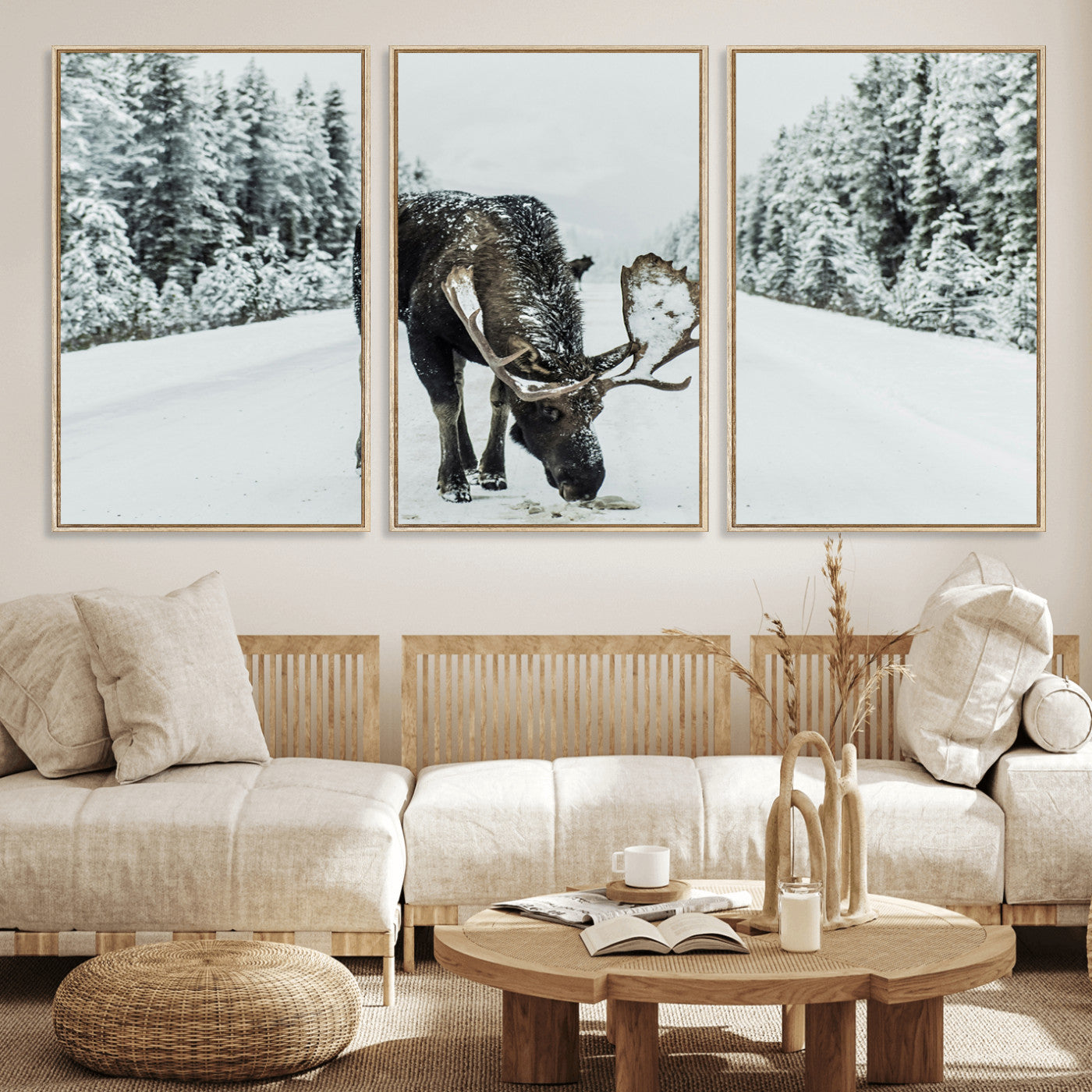 13316292-MGV-FC-60X30-3P_Natural-Moose Snow Wall Art Canvas Print – Framed Winter Wildlife Snowy Forest Nature Scene Artwork for Home, Office, Living Room