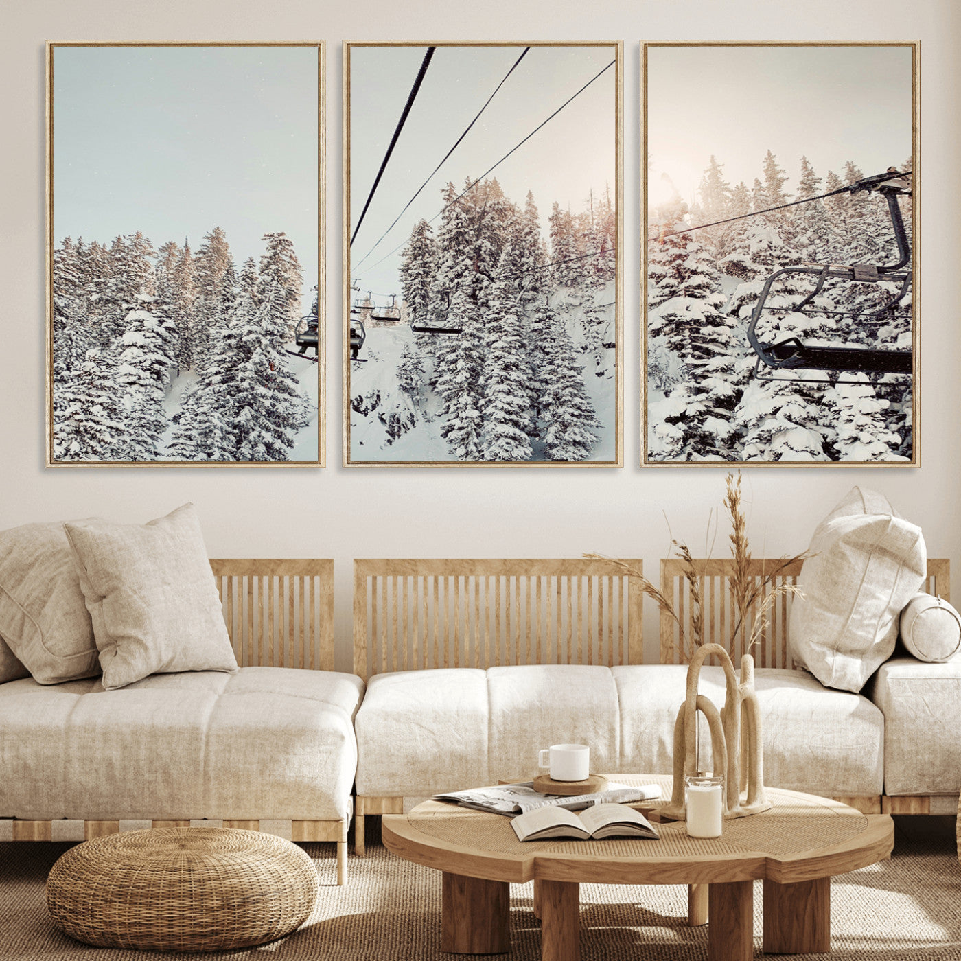 91534512-MGV-CV-36X24-Frosty Pines Wall Art Canvas Print – Framed Cozy Cabin Ski Lift Ride Winter Scene Artwork for Home Office