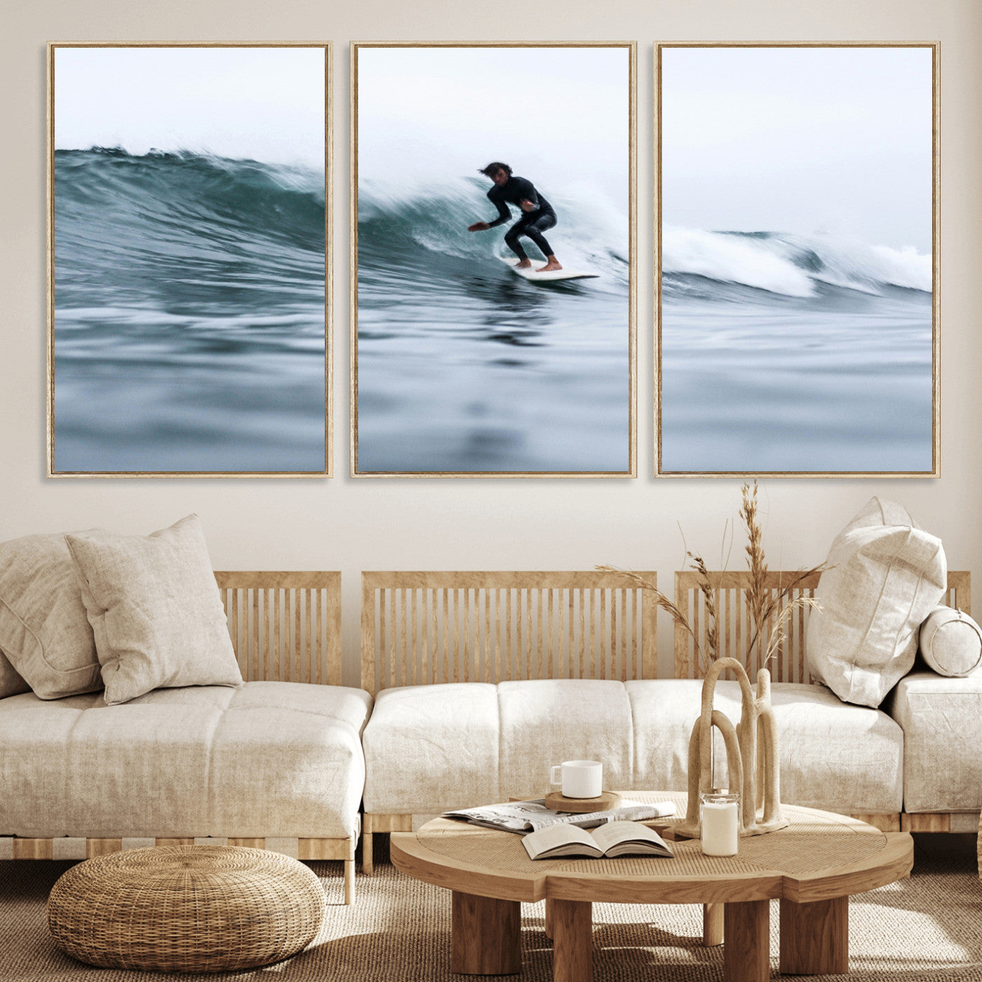 11693607-MGV-FC-60X30-3P_Natural-Surfer on Wave Wall Art Canvas Print – Framed Ocean Adventure Motion Blur Water Coastal Action Artwork for Home, Office