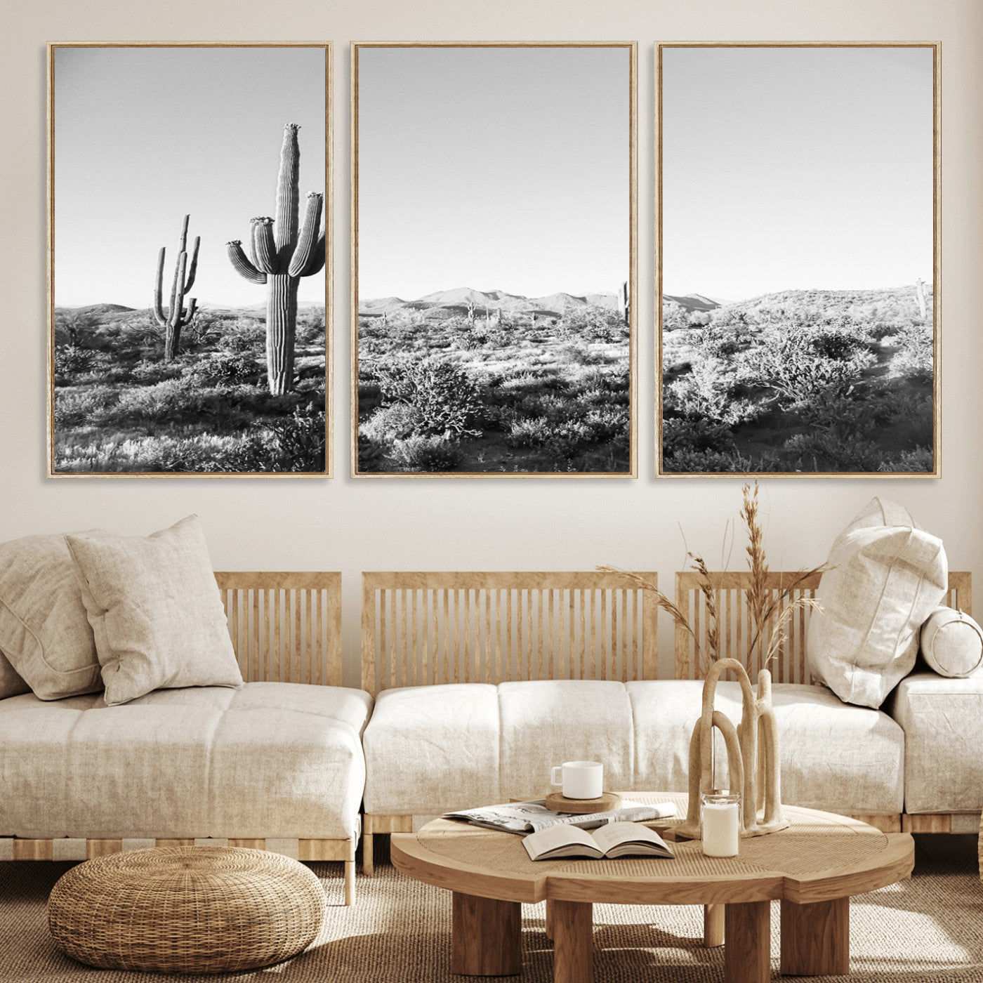 85205054-MGV-FC-60X30-3P_Natural-Saguaro Cactus Wall Art Canvas Print – Framed Monochrome Landscape Scenic Arizona Minimalist Western Artwork for Home, Office