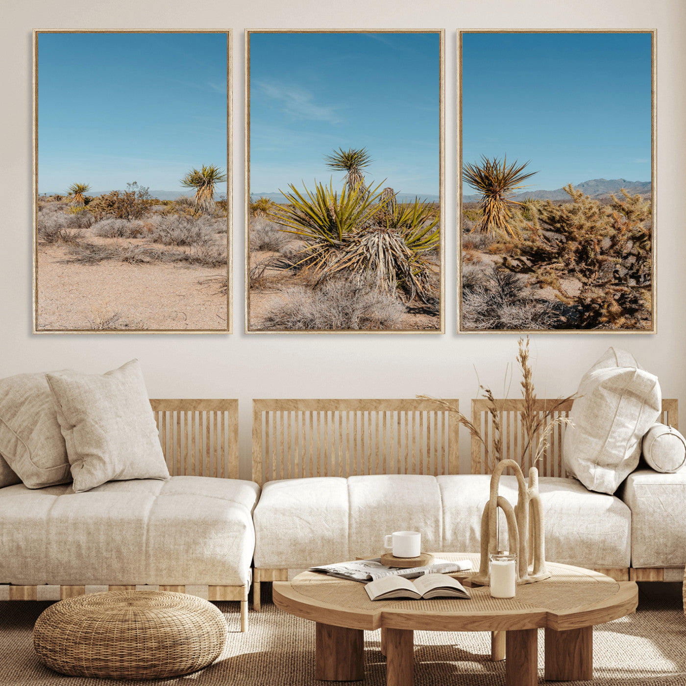 35156165-MGV-FC-60X30-3P_Natural-Joshua Tree Wall Art Canvas Print – Framed Desert Landscape Warm Earth Tones Southwestern Minimalist Artwork for Home, Office