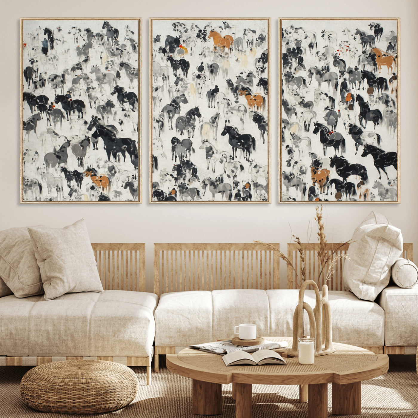 56463722-MGV-FC-60X30-3P_Natural-Wild Horse Stampede Wall Art Canvas Print – Monochrome Running Horses Dynamic Motion Elegant Scene Artwork for Home, Office