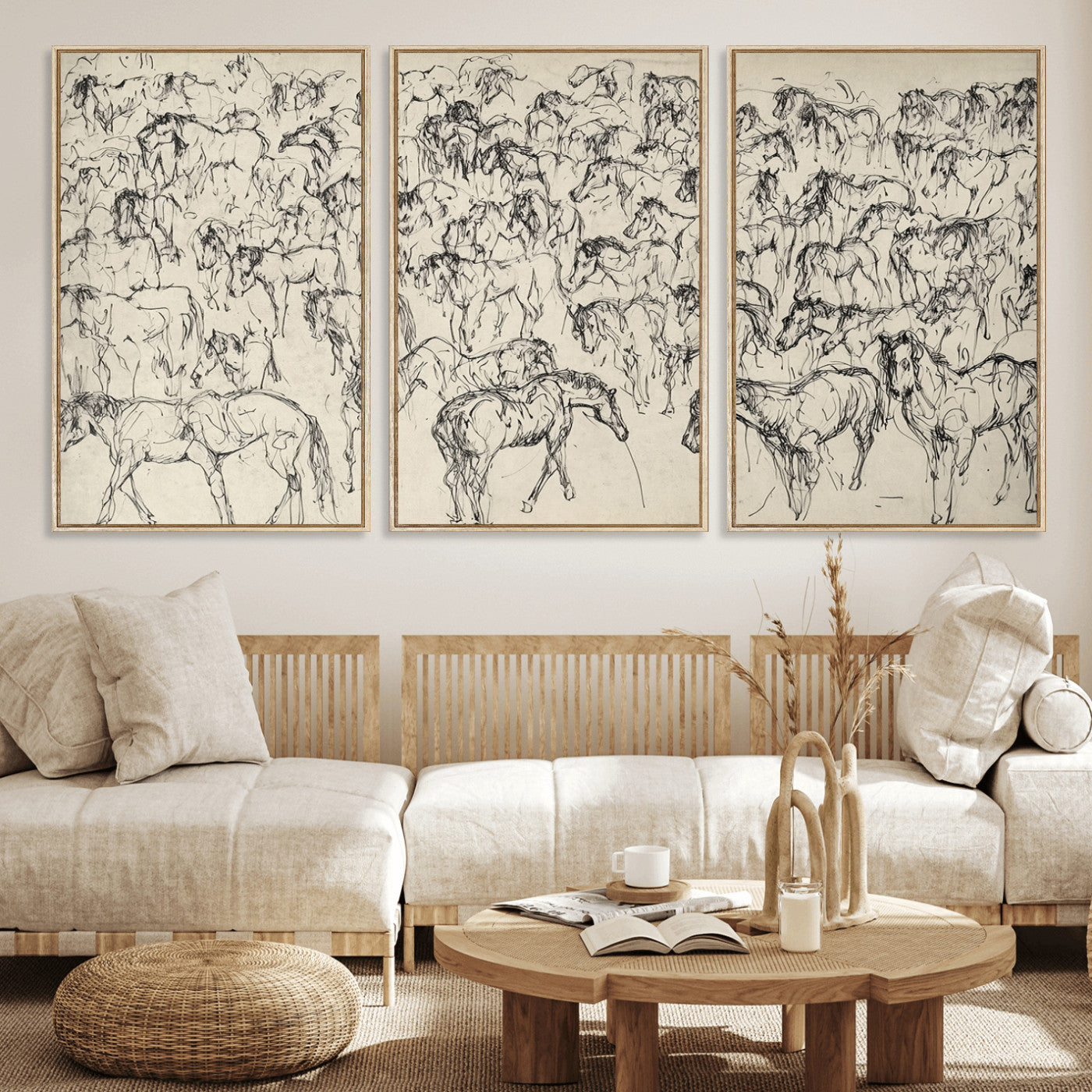 86653927-MGV-FC-60X30-3P_Natural-Wild Horse Stampede Wall Art Canvas Print – Monochrome Running Horses Dynamic Motion Elegant Artwork for Home, Office