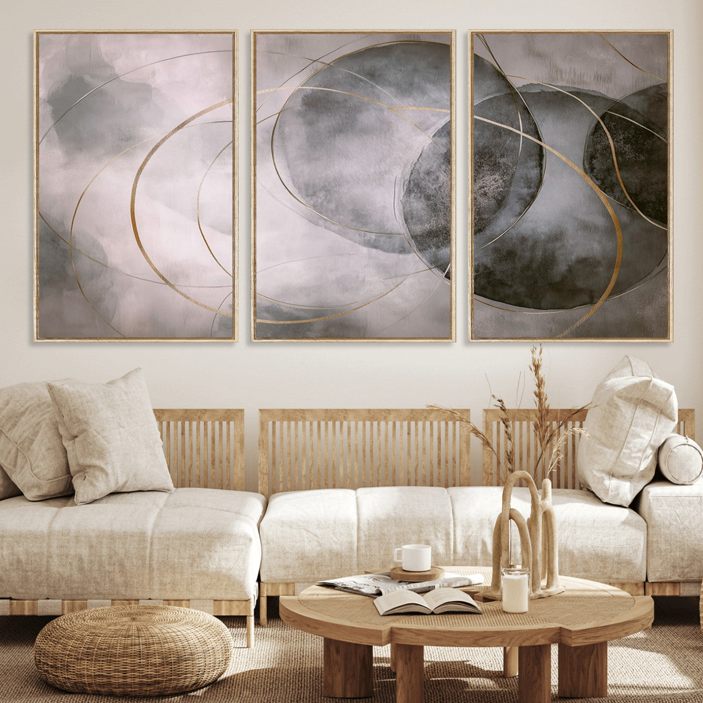 20066876-MGV-FC-60X30-3P_Natural-Abstract Grey Gold Circle Wall Art – Modern Geometric Canvas Artwork, Minimal Elegant Design, Luxury Wall Decor for Home, Office