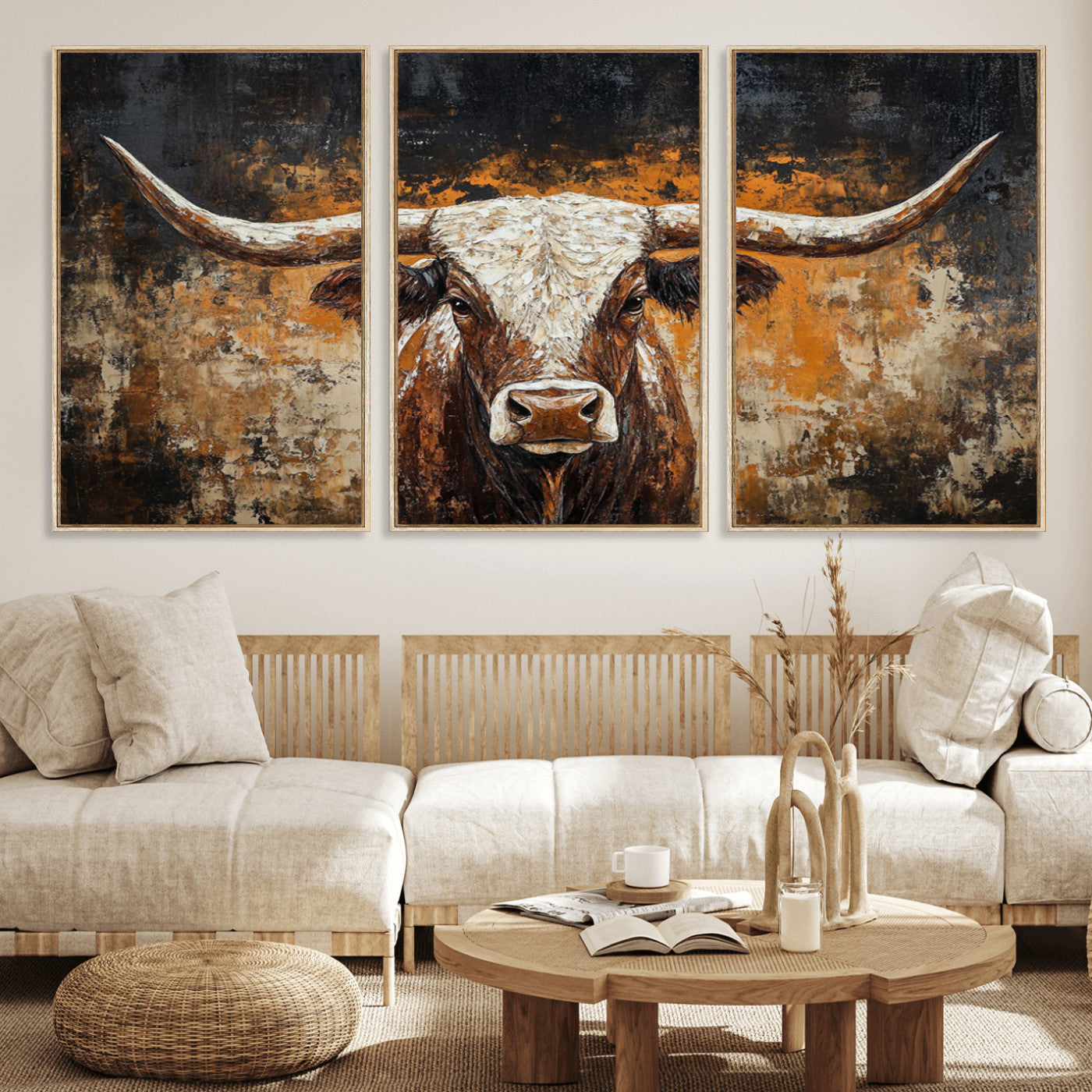 25265572-MGV-FC-60X30-3P_Natural-Rustic Longhorn Bull Wall Art Canvas Print – Vintage Western Cattle Scene, Texas Steer Artwork for Home, Office