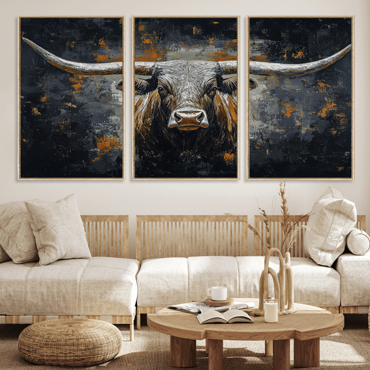 93195031-MGV-CV-36X24-Rustic Longhorn Bull Wall Art Canvas Print – Vintage Western Cattle Scene, Texas Steer Artwork for Home, Office