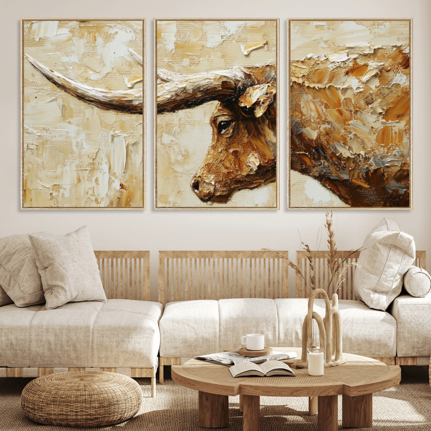 69611428-MGV-CV-36X24 - Rustic Longhorn Bull Wall Art Canvas Print – Vintage Western Cattle Painting, Texas Abstract Wall Cow Prints