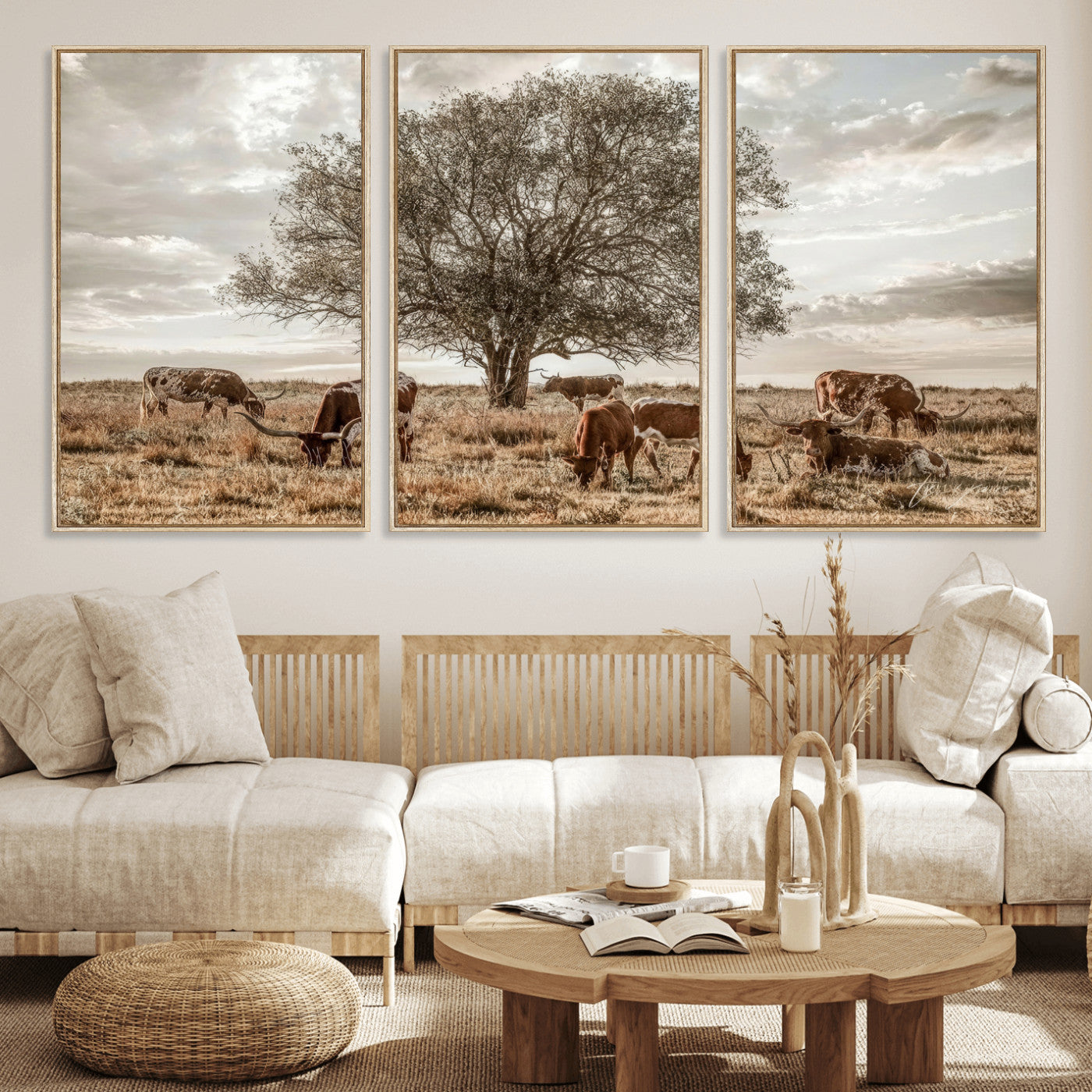 87590224-MGV-CV-36X24 - Texas Longhorn Cattle Wall Art Canvas Print – Rustic Western Ranch Scene with Steers at Sunset, Perfect for Farmhouse or Cowboy Decor