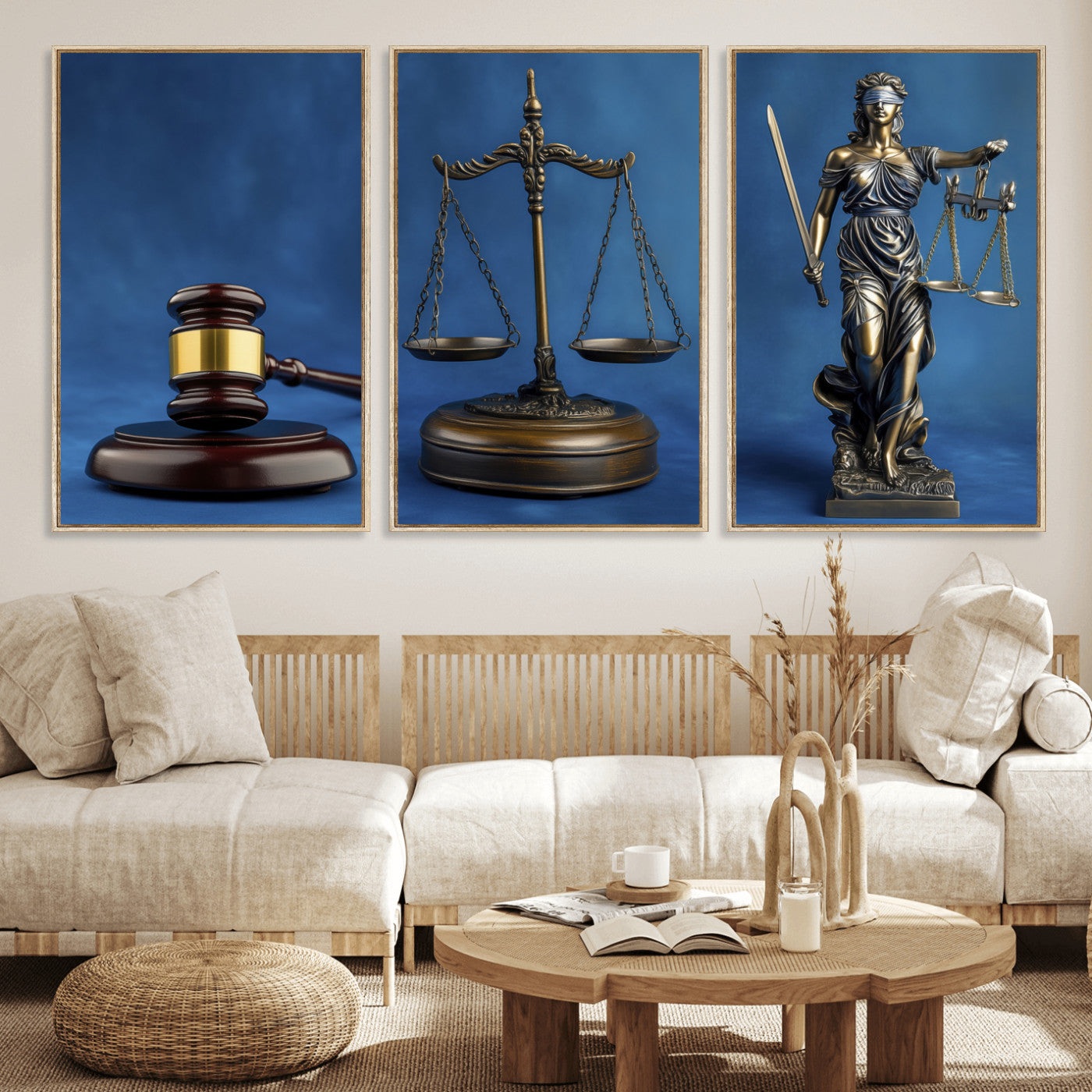 27565987-MGV-CV-60X30-3P - Legal Justice Wall Art Canvas – Gavel, Scales & Lady Justice with Courtroom Canvas Print for Law Office or Lawyer Gifts