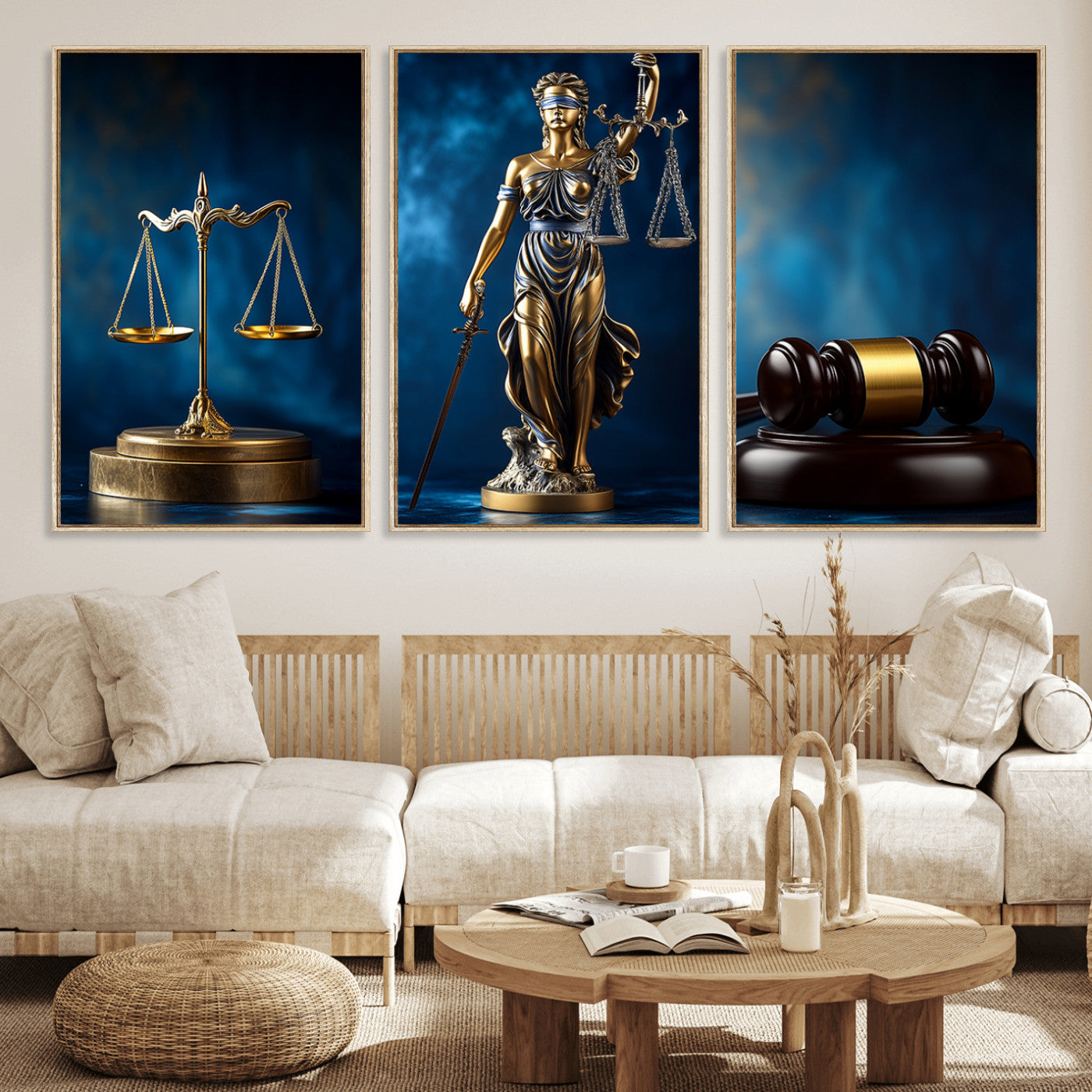 33888279-MGV-FC-60X30-3P_Natural-Lady Justice Wall Art Canvas Print – Elegant Gold Legal Symbols Blue Background, Perfect for Law