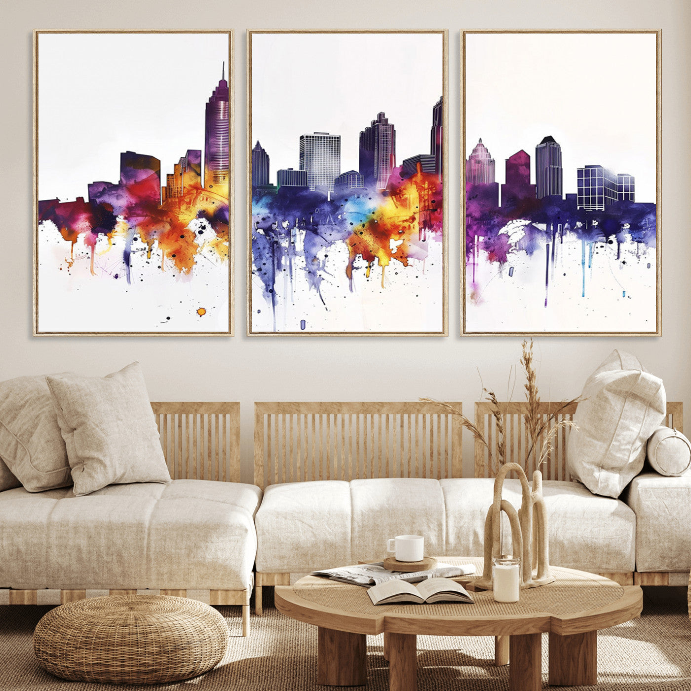 34479880-MGV-CV-36X24-Atlanta Skyline Wall Art Canvas Print – Framed Colorful Watercolor Cityscape Artwork for Home, Office, Living Room