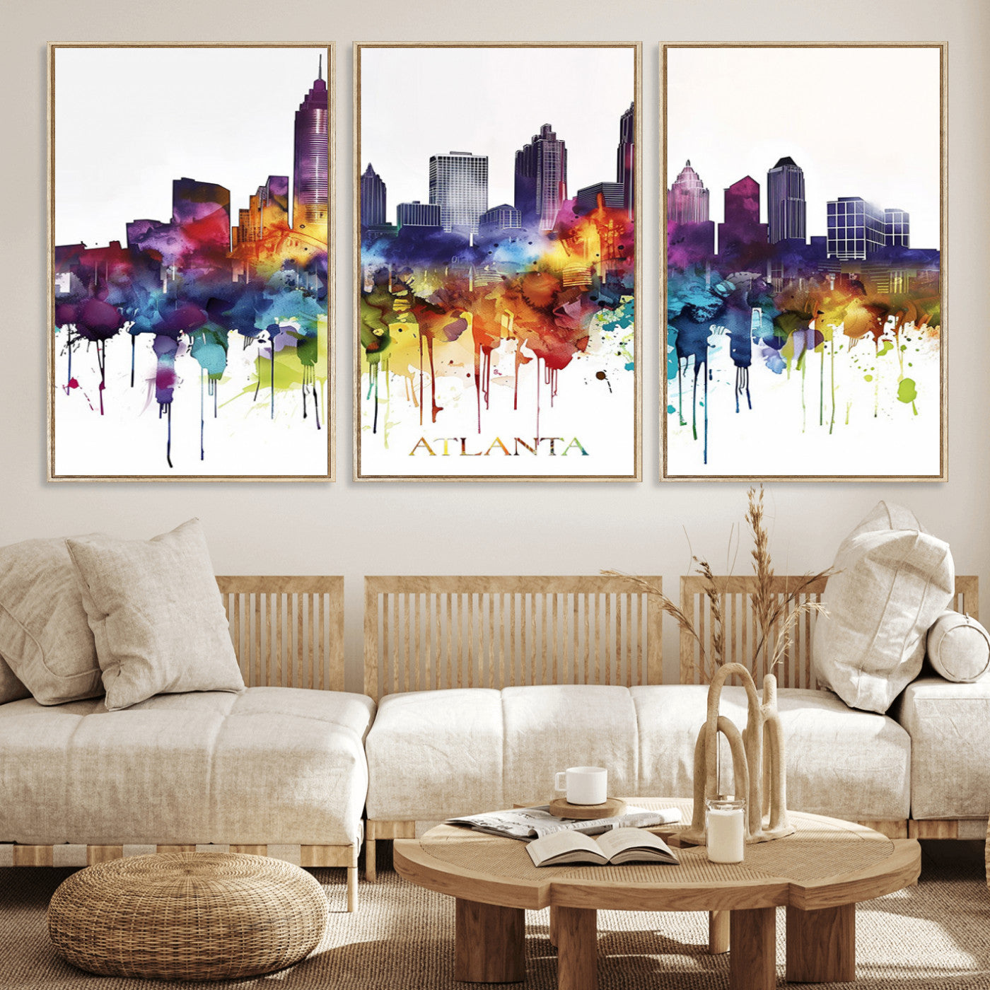 36048320-MGV-CV-36X24-Atlanta Skyline Wall Art Canvas Print – Framed Colorful Watercolor Cityscape Abstract Urban Artwork for Home, Office