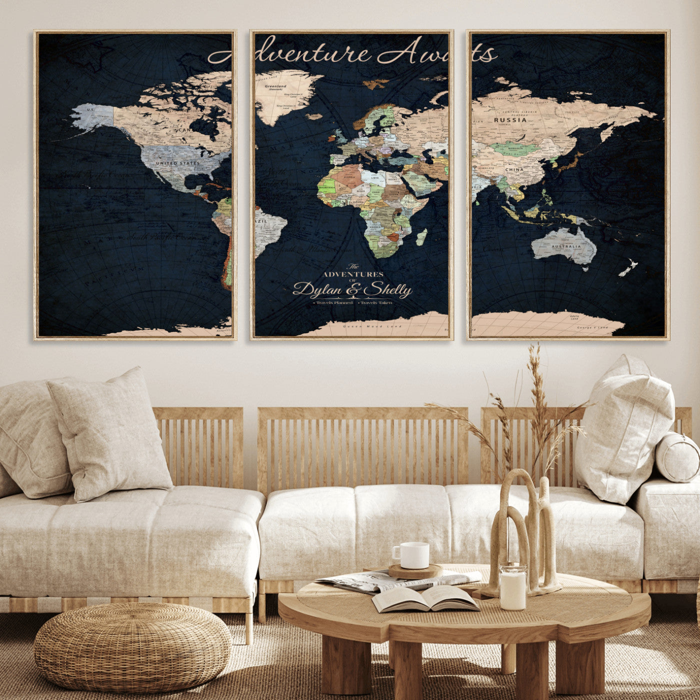 Rehber01-MGV-CV-36X24-Personalized World Map Canvas Print – Framed Push Pin Travel Wall Art for Couples – Adventure & Anniversary Gift