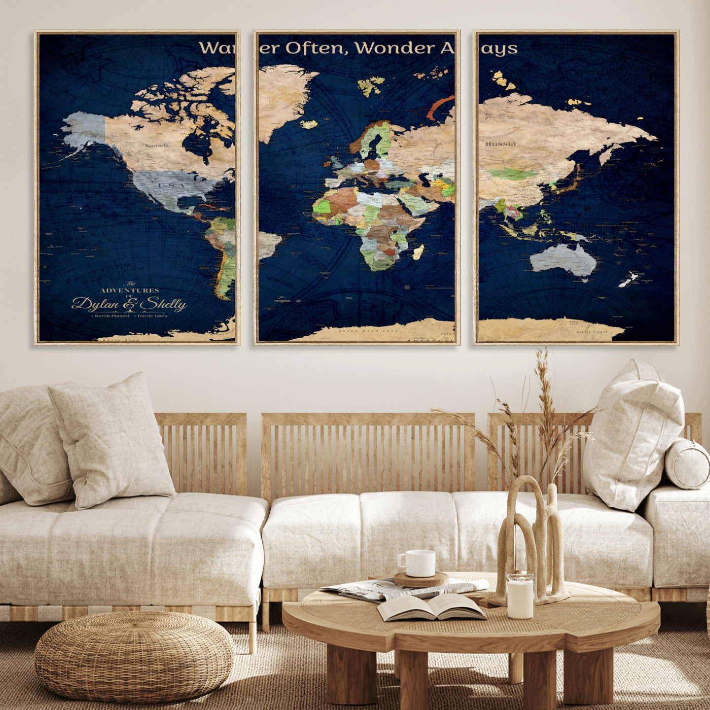 Rehber01-MGV-CV-36X24-Personalized World Map Canvas – Custom Framed Push Pin Travel Map Wall Art, Navy Blue Vintage Gift for Couples and Adventurers