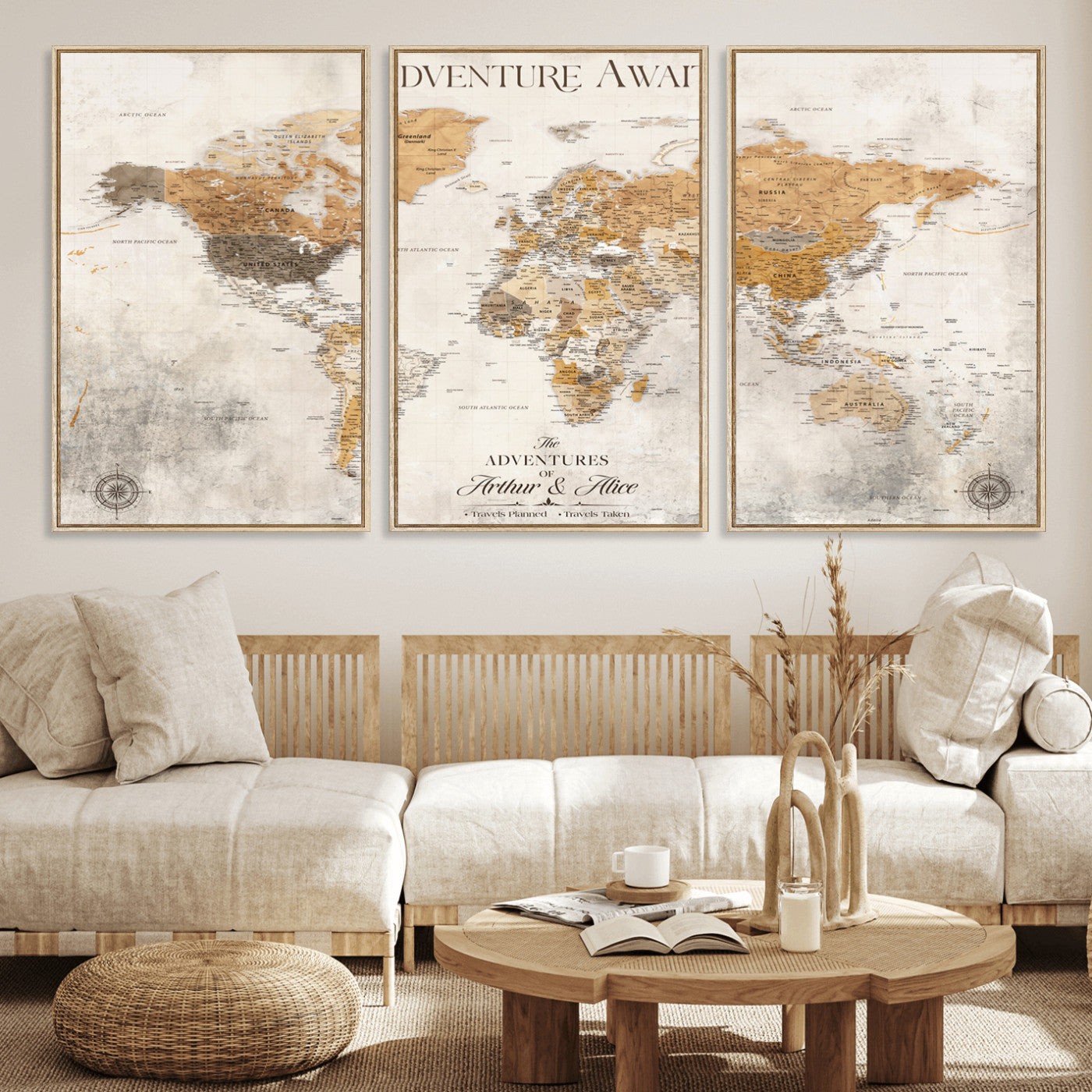 Rehber01-MGV-CV-36X24-Personalized World Map Canvas Print – Custom Push Pin Travel Map Vintage Neutral Style Gift for Couples Travelers for Home Office