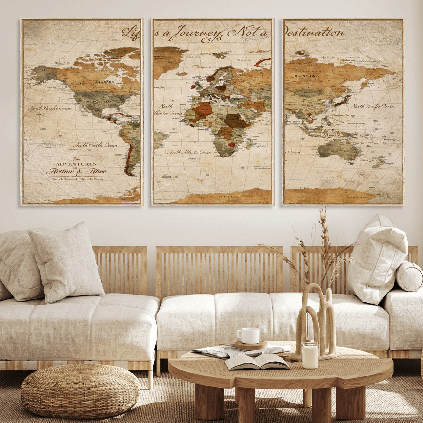 Rehber01-MGV-CV-36X24-Personalized Vintage World Map Canvas – Custom Framed Push Pin Travel Map Wall Art, Rustic Gift for Couples and Travel Lovers