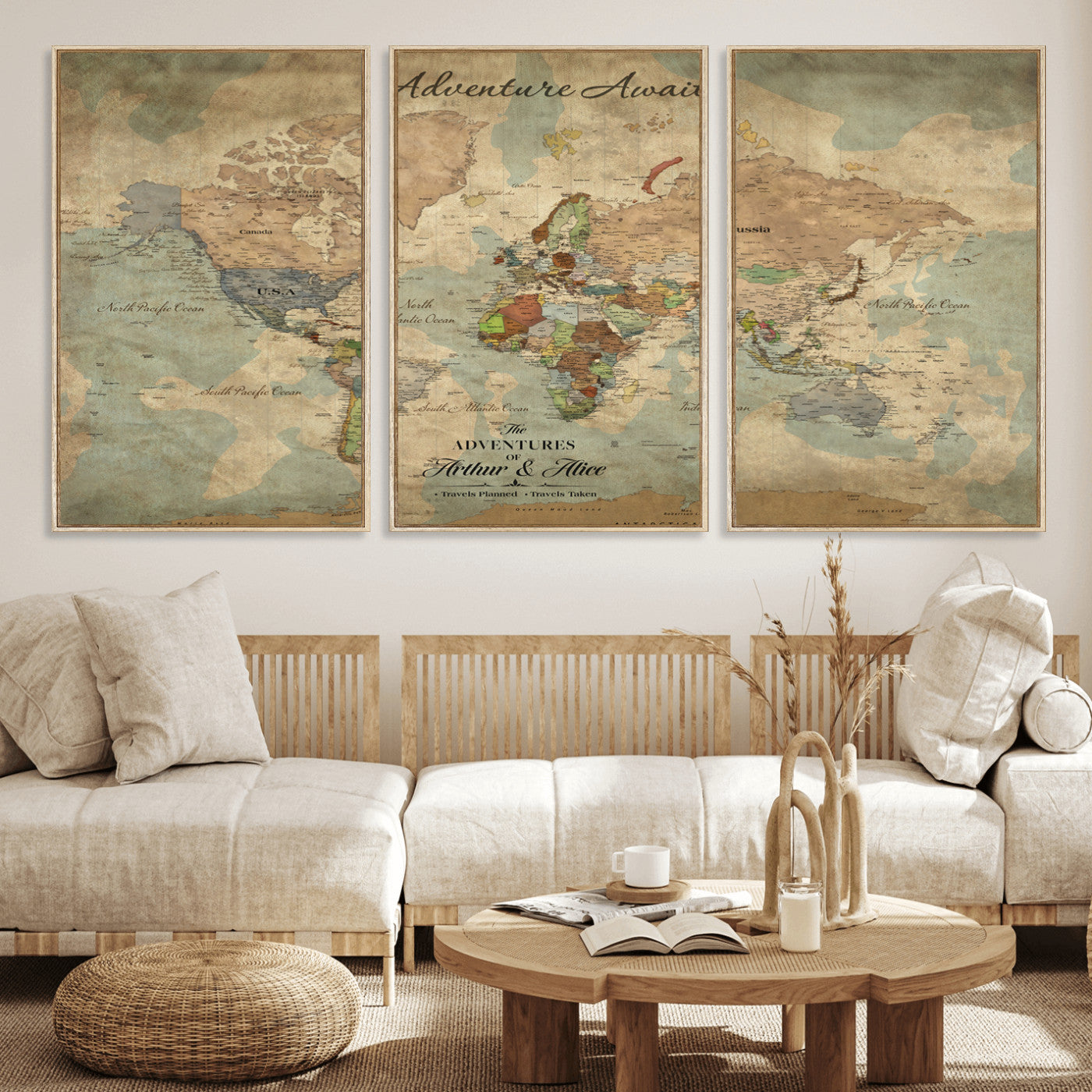 Rehber01-MGV-CV-36X24-Personalized Vintage World Map Canvas Print – Custom Push Pin Travel Map Antique Style Gift for Couples Travelers for Home Office