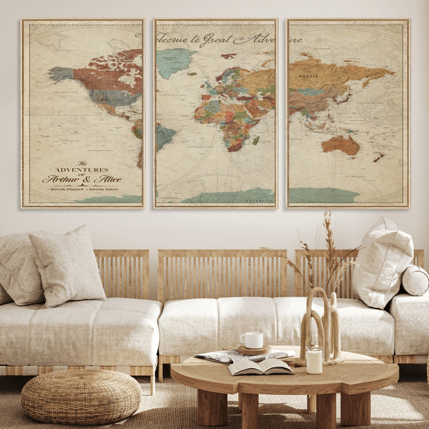 Rehber01-MGV-CV-36X24-Personalized Antique World Map Canvas Print – Custom Push Pin Travel Map Vintage Gift for Couples Explorers for Home, Office