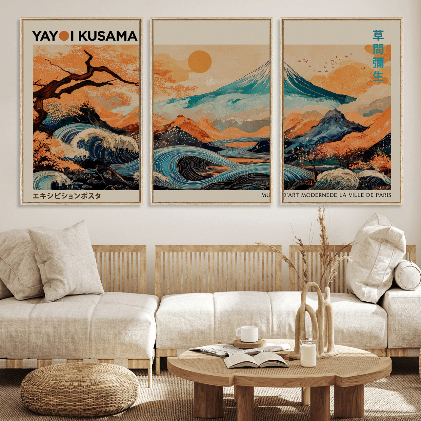 94085549-MGV-CV-36X24 - Yayoi Kusama Japanese Landscape Wall Art Canvas Print – Modern Abstract Mount Fuji Wall Art - Japanese Waves & Autumn Trees Print