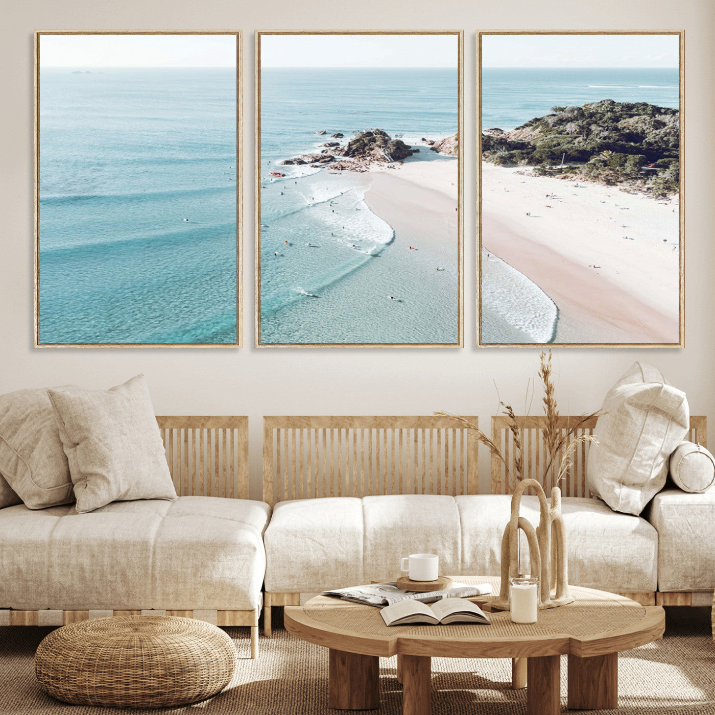 79395467-MGV-CV-36X24 - Aerial Beach Wall Art Canvas Print, Coastal Ocean Waves and Surfers Scenic Seaside Artwork for Home, Office Decor