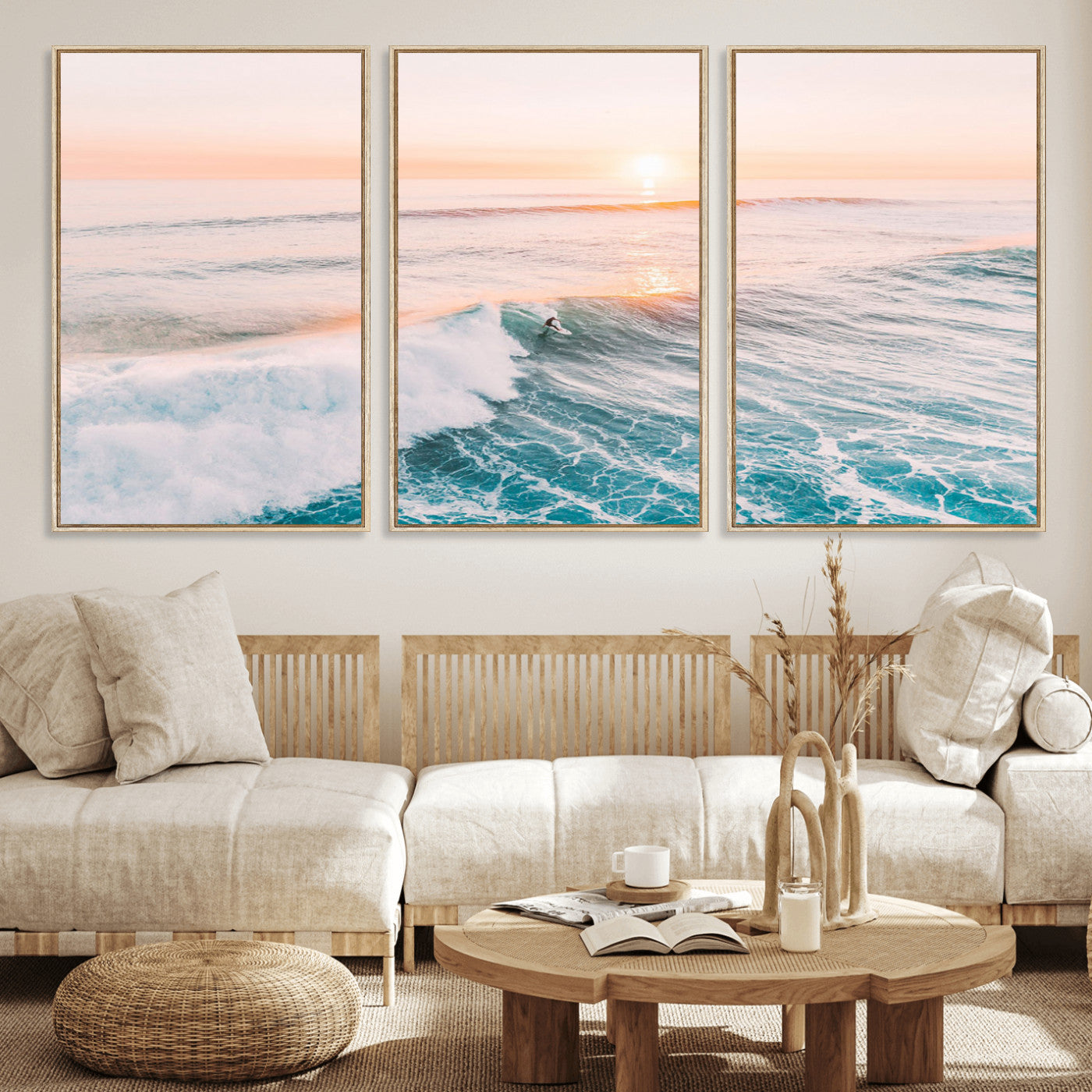 34064591-MGV-CV-36X24 - Sunset Surfing Wall Art Canvas Print, Ocean Wave Surfer with Golden Sky Artwork for Home, Office, Living Room