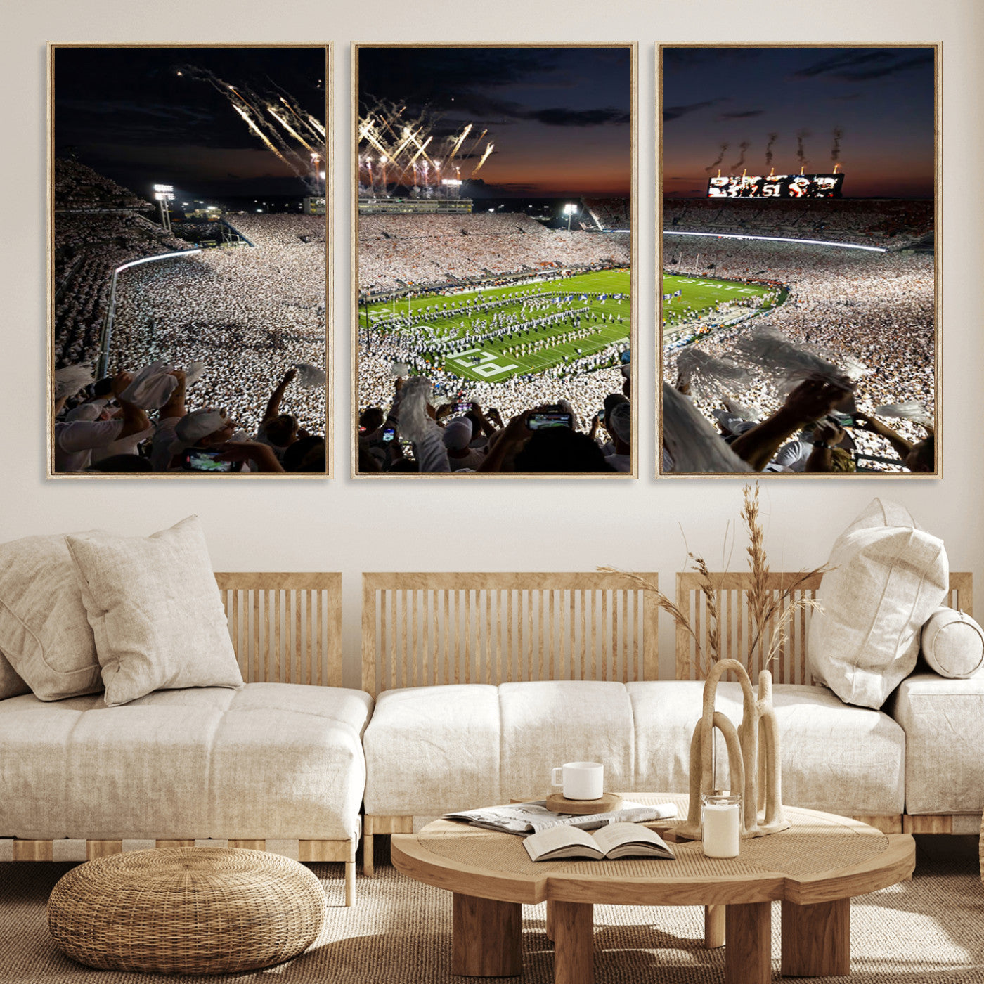 11221988-MGV-FC-60X30-3P - Epic Night Football Stadium Wall Art Canvas Print, Fireworks and Crowd Energy Game Day Excitement Decor for Home, Office