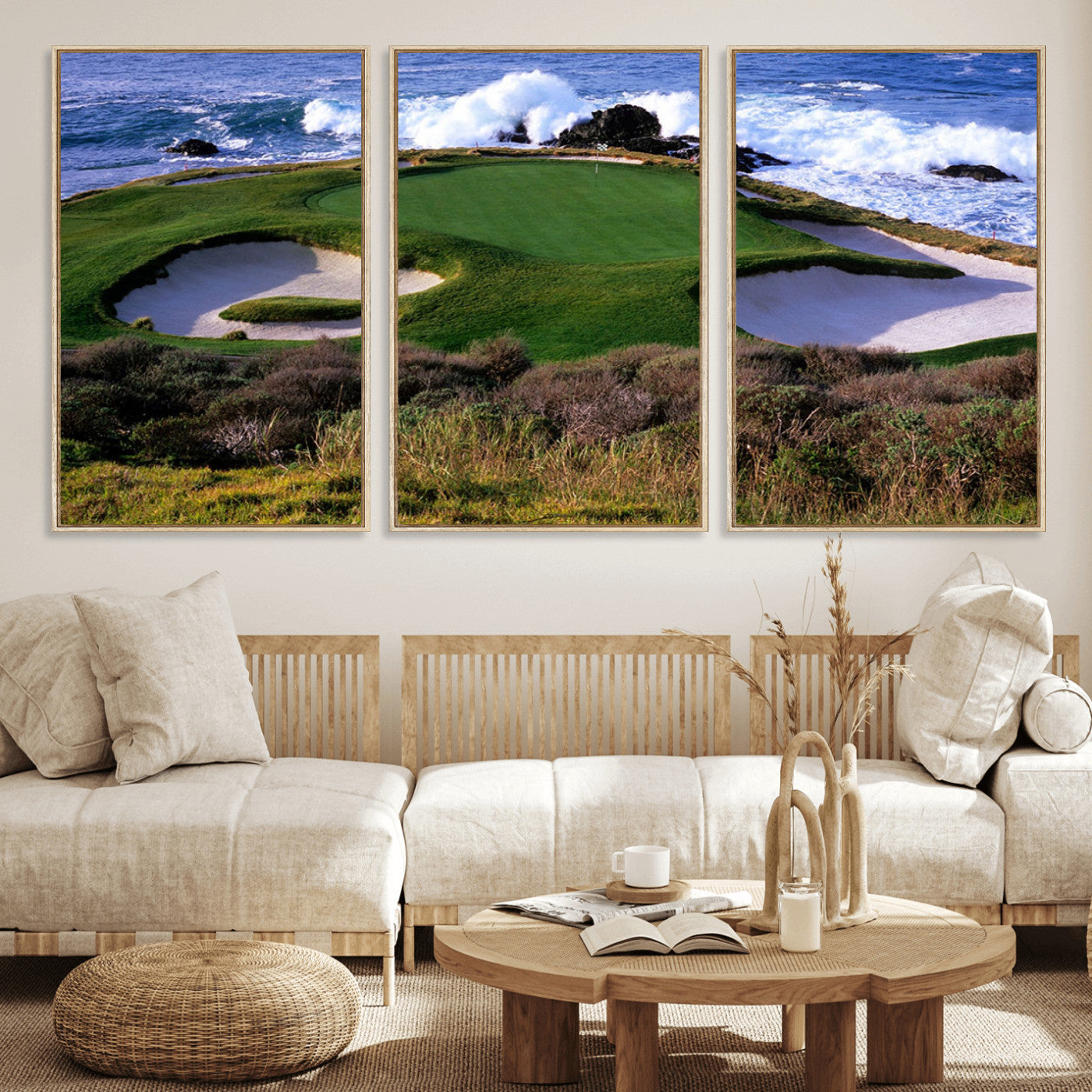 22776914-MGV-CV-36X24-Ocean Cliff Golf Green Canvas Print – Framed Majestic Coastal Scene with Lush Green Artwork for Home, Office
