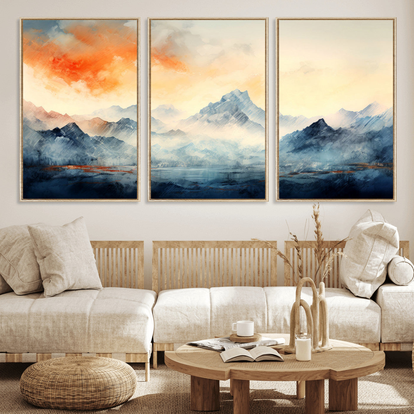 WRM1005-MGV-FC-60X30-3P_Natural-Warm Clouds Abstract Mountain Wall Art Canvas Print