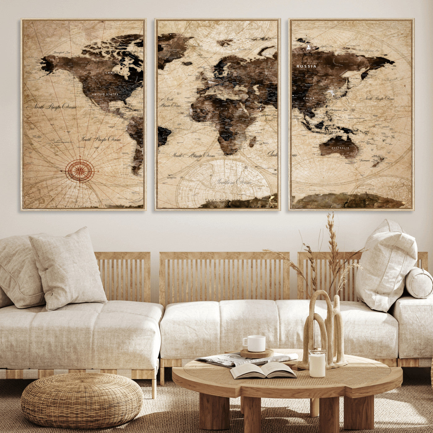 97114757-MGV-FC-60X30-3P - Vintage World Map Wall Art Canvas Print, Modern Decorative Framed Map Artwork Prints for Living Room, Office, Bedroom Wall Decor