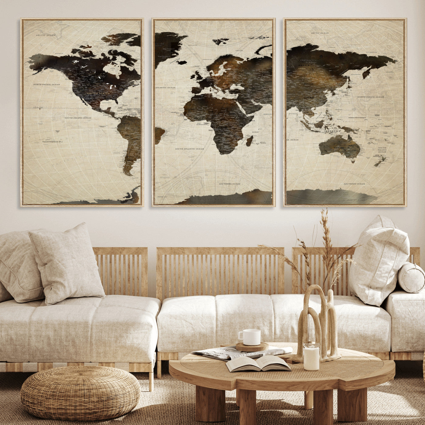 81771296-MGV-FC-60X30-3P - World Map Wall Art Canvas Print, Modern Decorative Framed Map Artwork Prints for Living Room, Office, Bedroom Wall Decor
