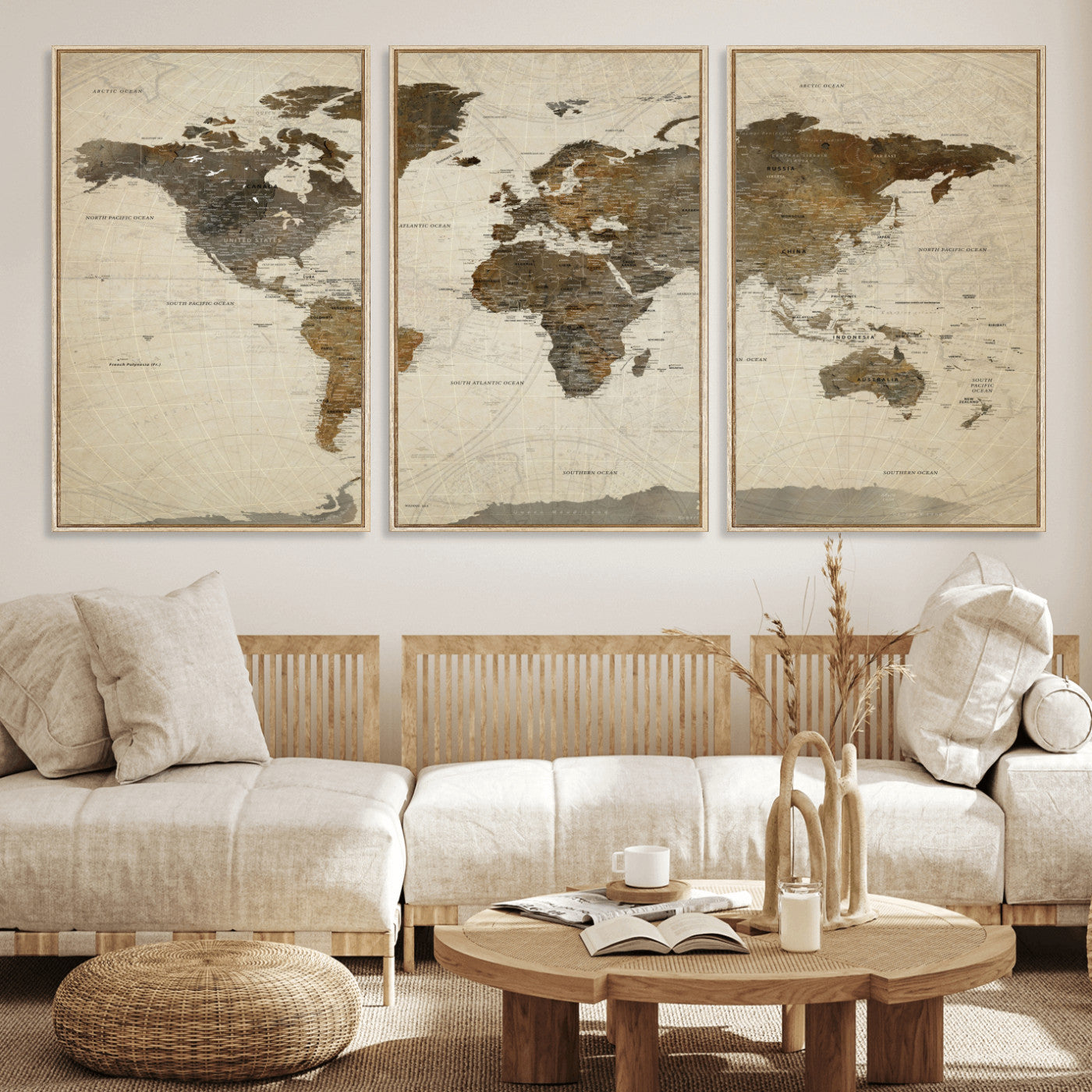 91849163-MGV-FC-60X30-3P - World Map Wall Art Canvas Print, Modern Decorative Framed Map Artwork Prints for Living Room, Office, Bedroom Wall Decor