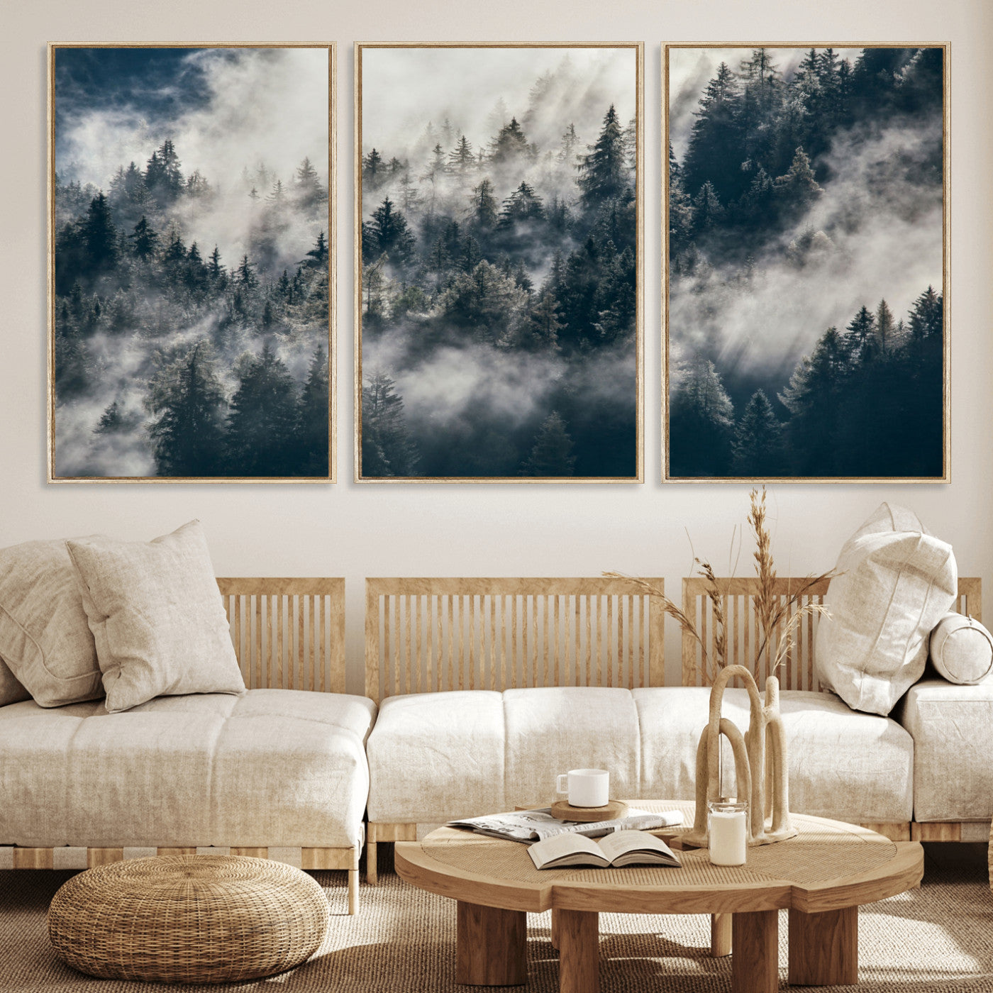 270372951-MGV-FC-60X30-3P - Misty Pine Forest Canvas Wall Art – Dark Forest Mountaing and Nature Landscape Print, Horizontal Canvas Print