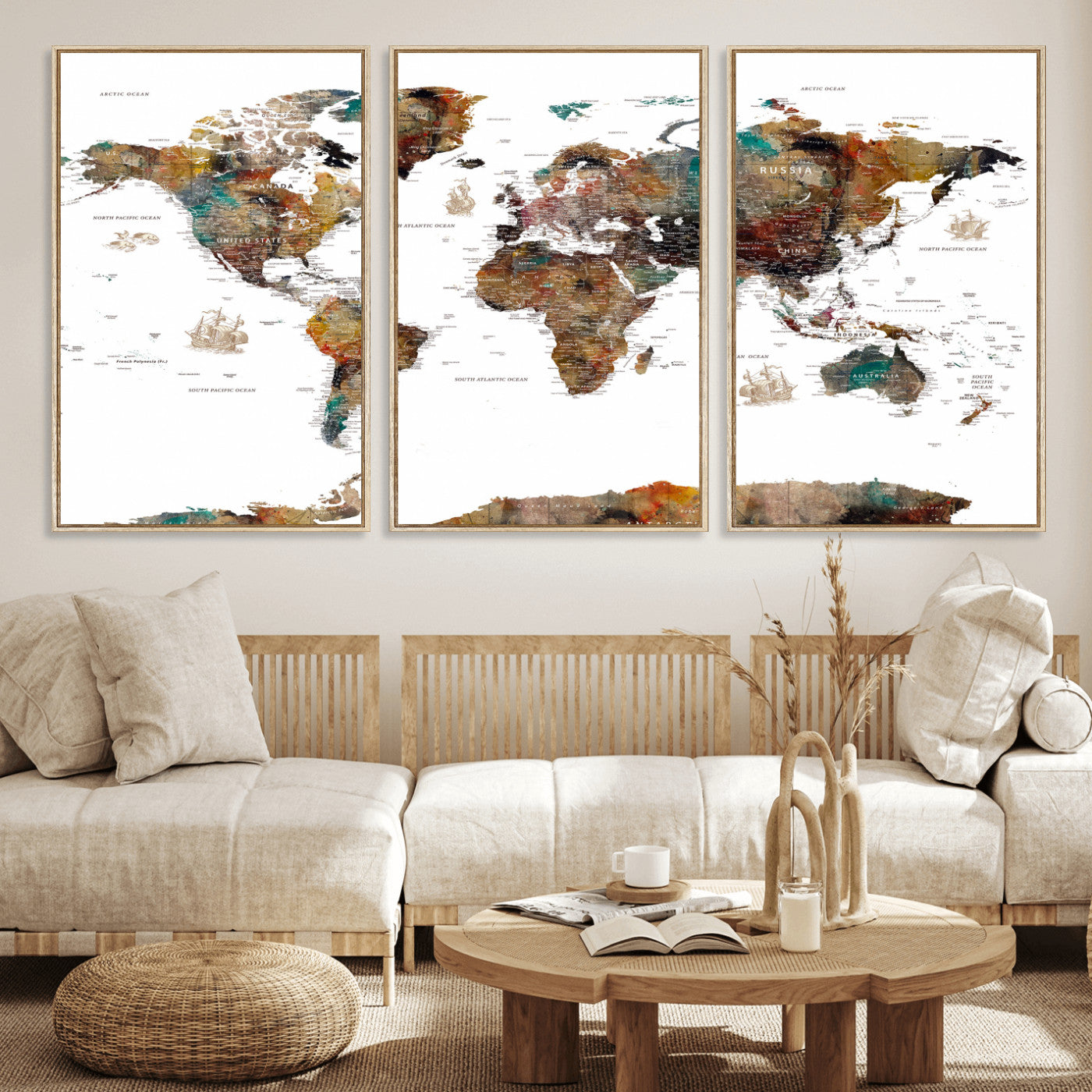 82293175-MGV-CV-36X24 - World Map Wall Art Canvas Print, Modern Decorative Framed Map Artwork Prints for Living Room, Office, Bedroom Wall Decor