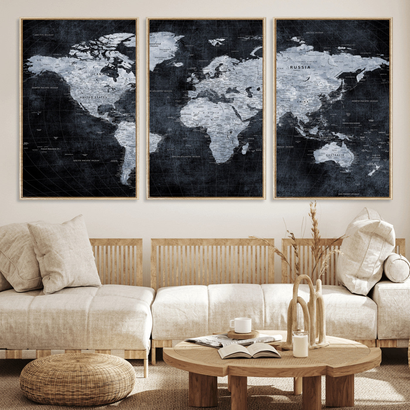 86893704-MGV-CV-36X24 - World Map Wall Art Canvas Print, Modern Decorative Framed Map Artwork Prints for Living Room, Office, Bedroom Wall Decor