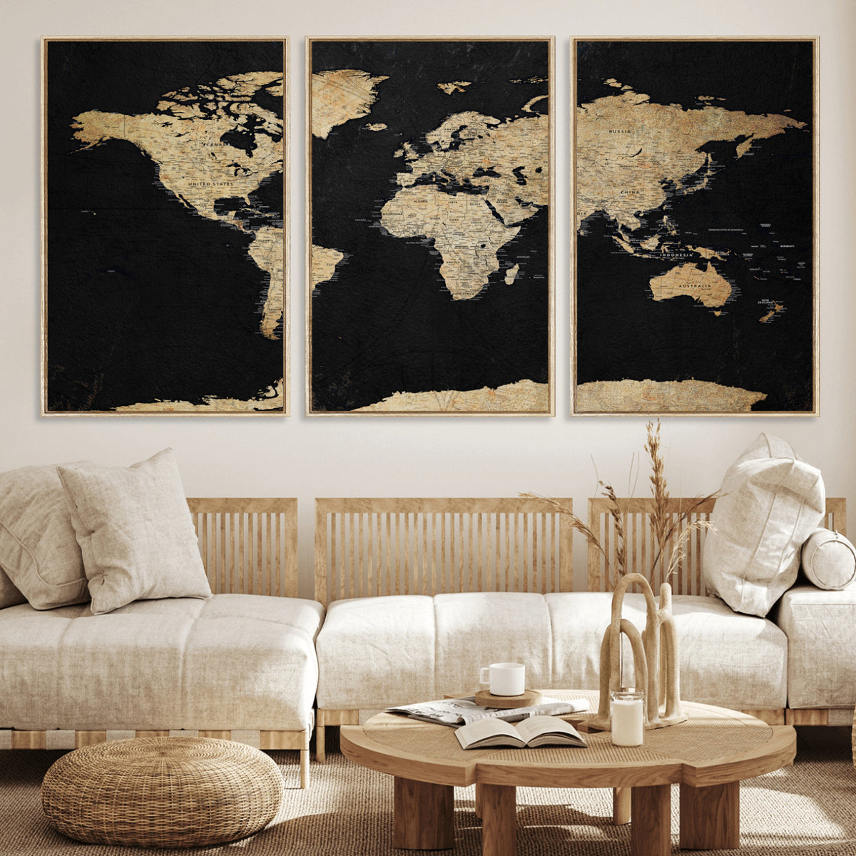 71518849-MGV-CV-36X24 - Beige World Map Canvas Wall Art Print, Minimal Black and