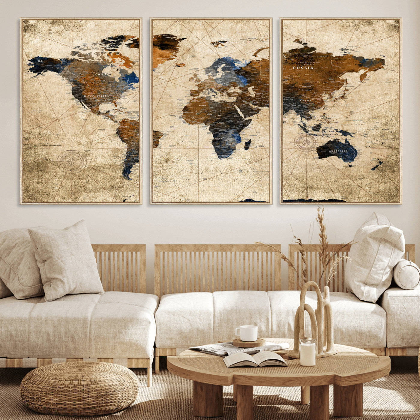 27163414-MGV-CV-36X24 - World Map Wall Art – Rustic Earth Tone Canvas Print, Antique Travel Map Design for Living Room, Office or Study, Classic Adventure Decor