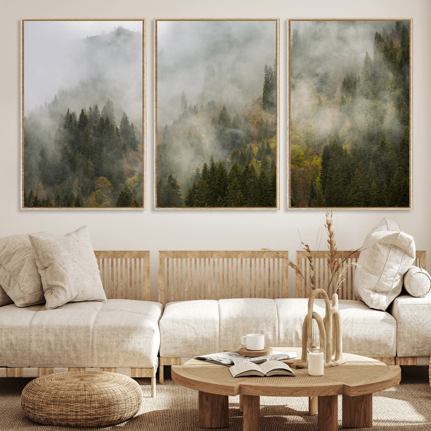 31152954-MGV-CV-36X24 - Misty Mountain Forest Canvas Print, Foggy Pine Trees Nature Wall Art, Framed Canvas Ready to Hang