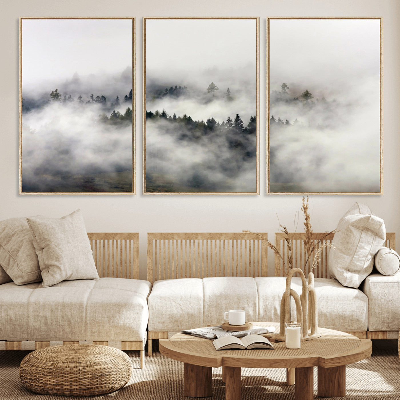 63235457-MGV-CV-36X24 - Foggy Forest Wall Art Canvas Print, Misty Pine Tree Landscape Wall Art Print, Framed Wall Art Ready to Hang