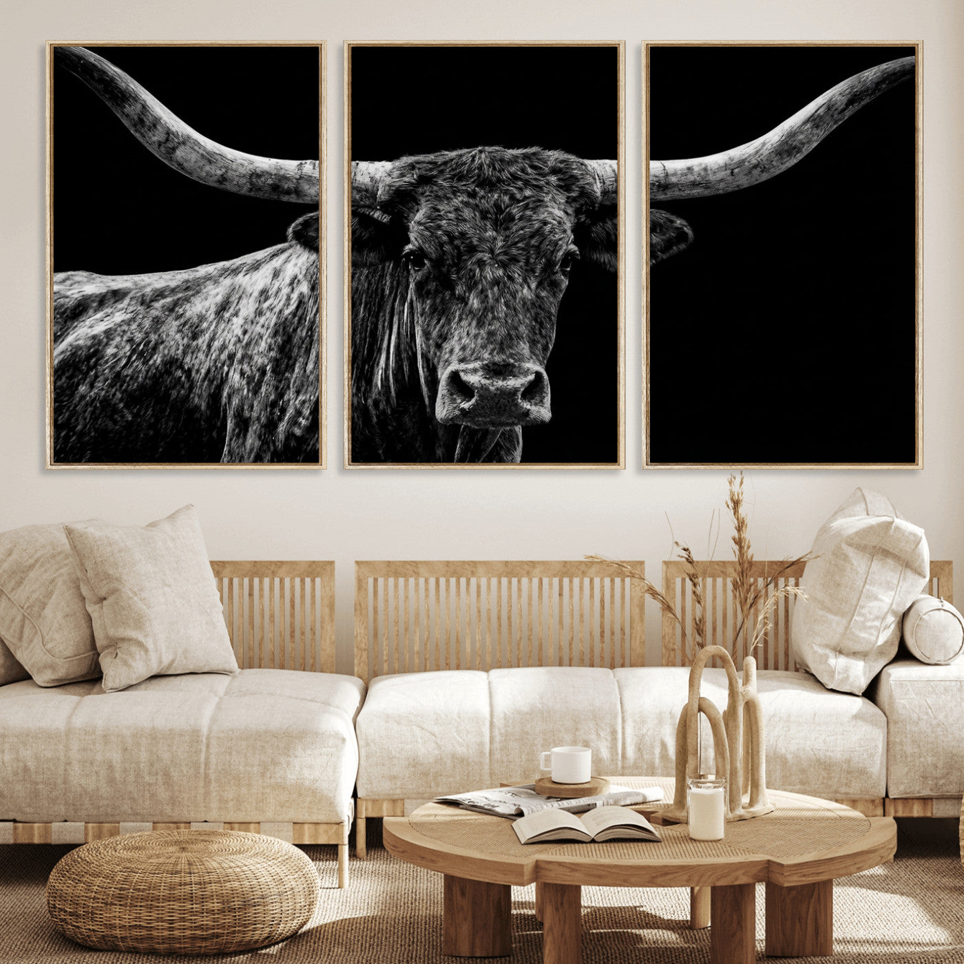 86568508-MGV-CV-36X24 - Vintage Texas Longhorn Bull Wall Art Canvas Print, Texas Cow Portrait Print, Framed Bull Wall Art Ready to Hang