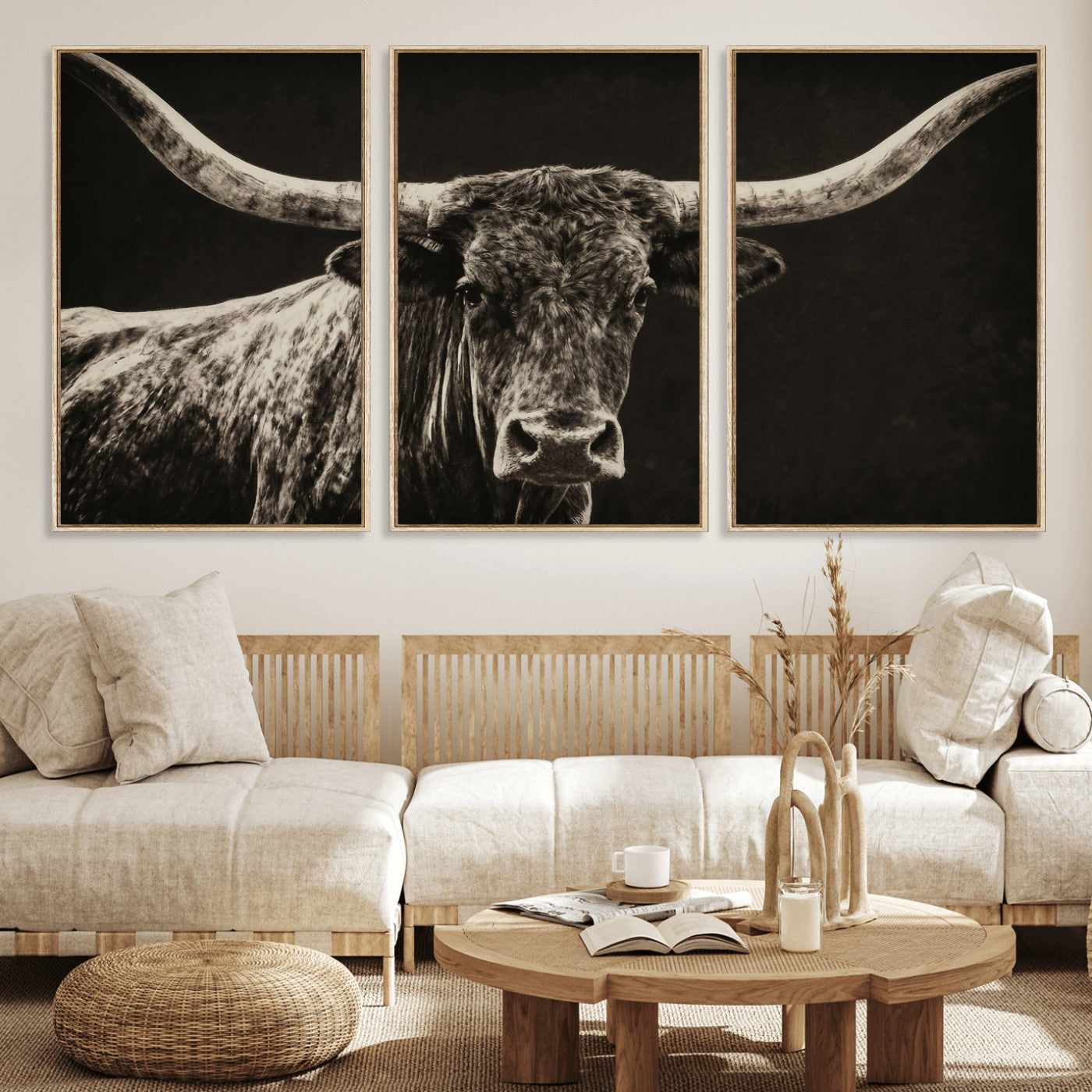 74513721-MGV-CV-36X24 - Vintage Texas Longhorn Bull Wall Art Canvas Print, Cow Portrait Photography Print, Framed Wall Art Ready to Hang