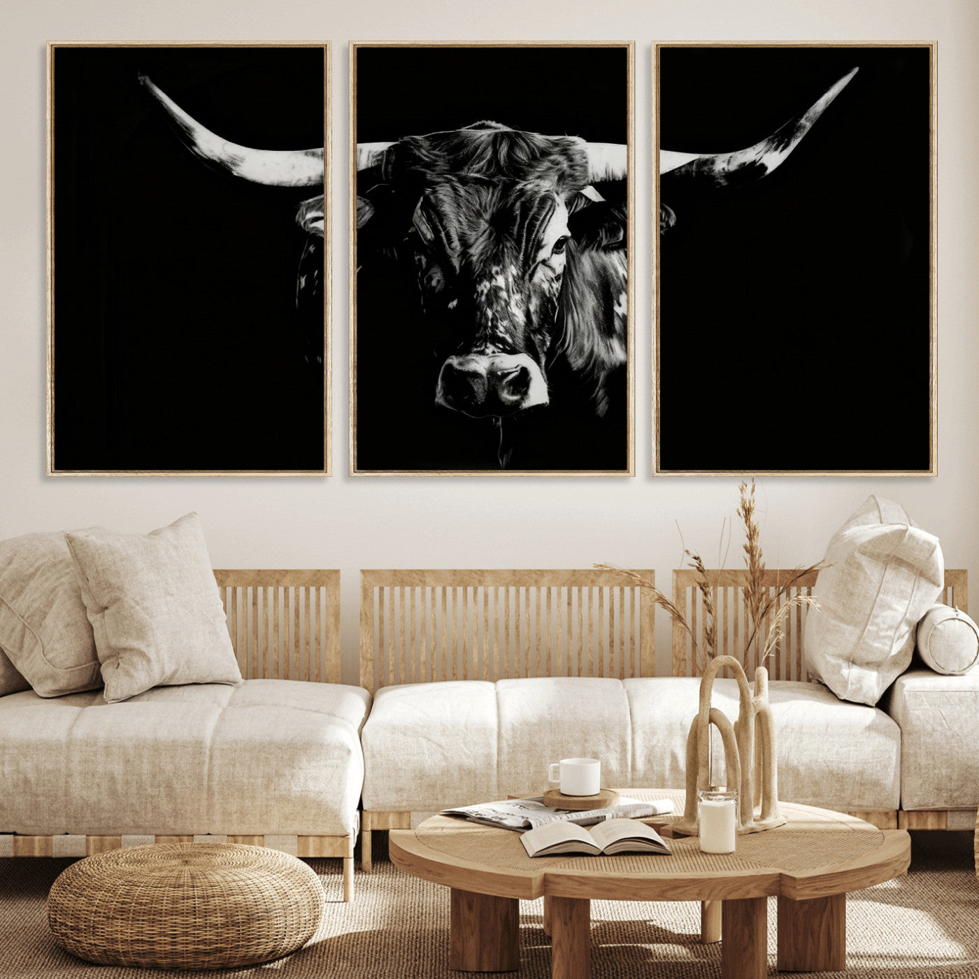 21436434-MGV-CV-36X24 - Black Bull Wall Art Canvas Print, Dark Longhorn Portrait Photography, Framed Wall Art Ready to Hang