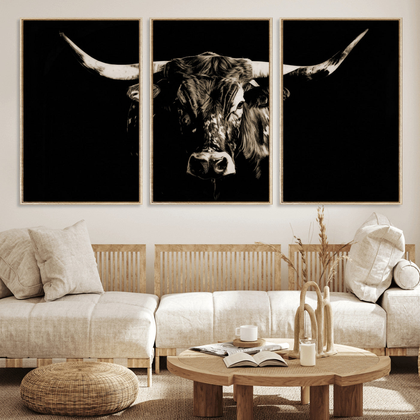 75774468-MGV-CV-36X24 - Black Bull Wall Art Canvas Print, Dark Longhorn Portrait Photography, Framed Wall Art Ready to Hang