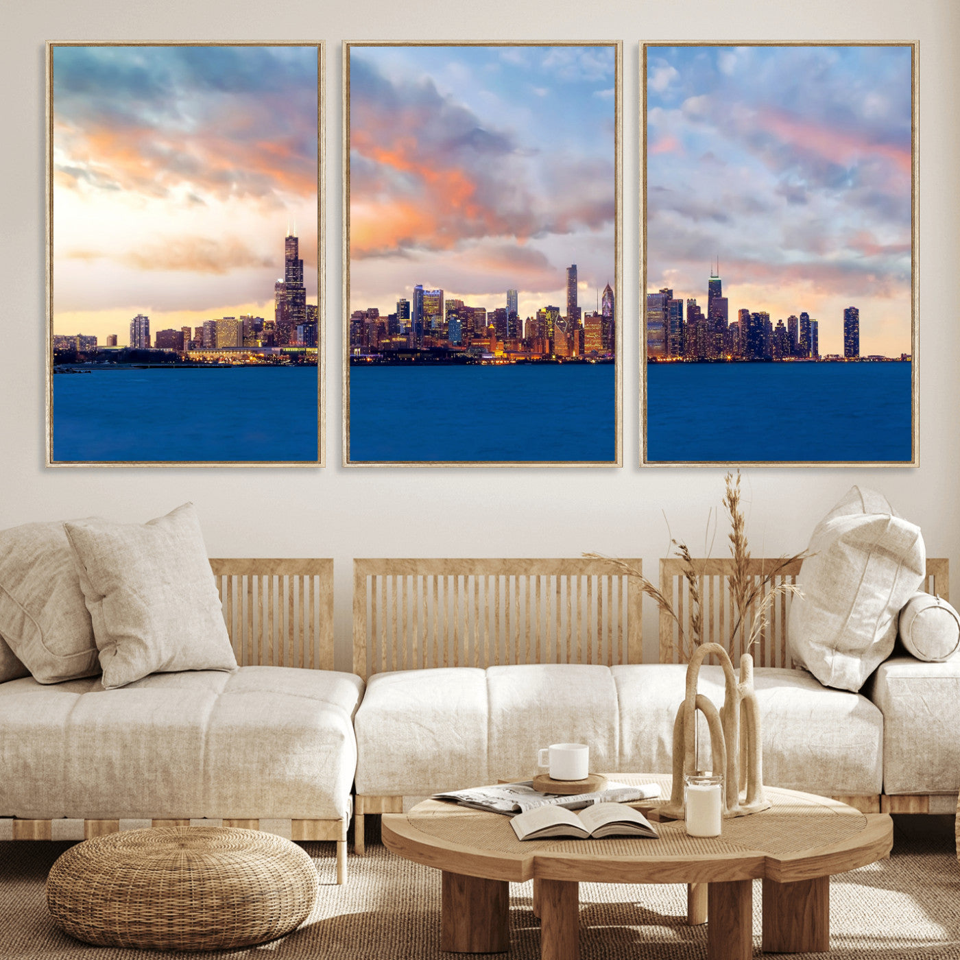 34667960-MGV-CV-36X24 - Chicago Wall Art Canvas Print, Chicago City Downtown Night Cityscape Print for Modern Urban Wall Decor