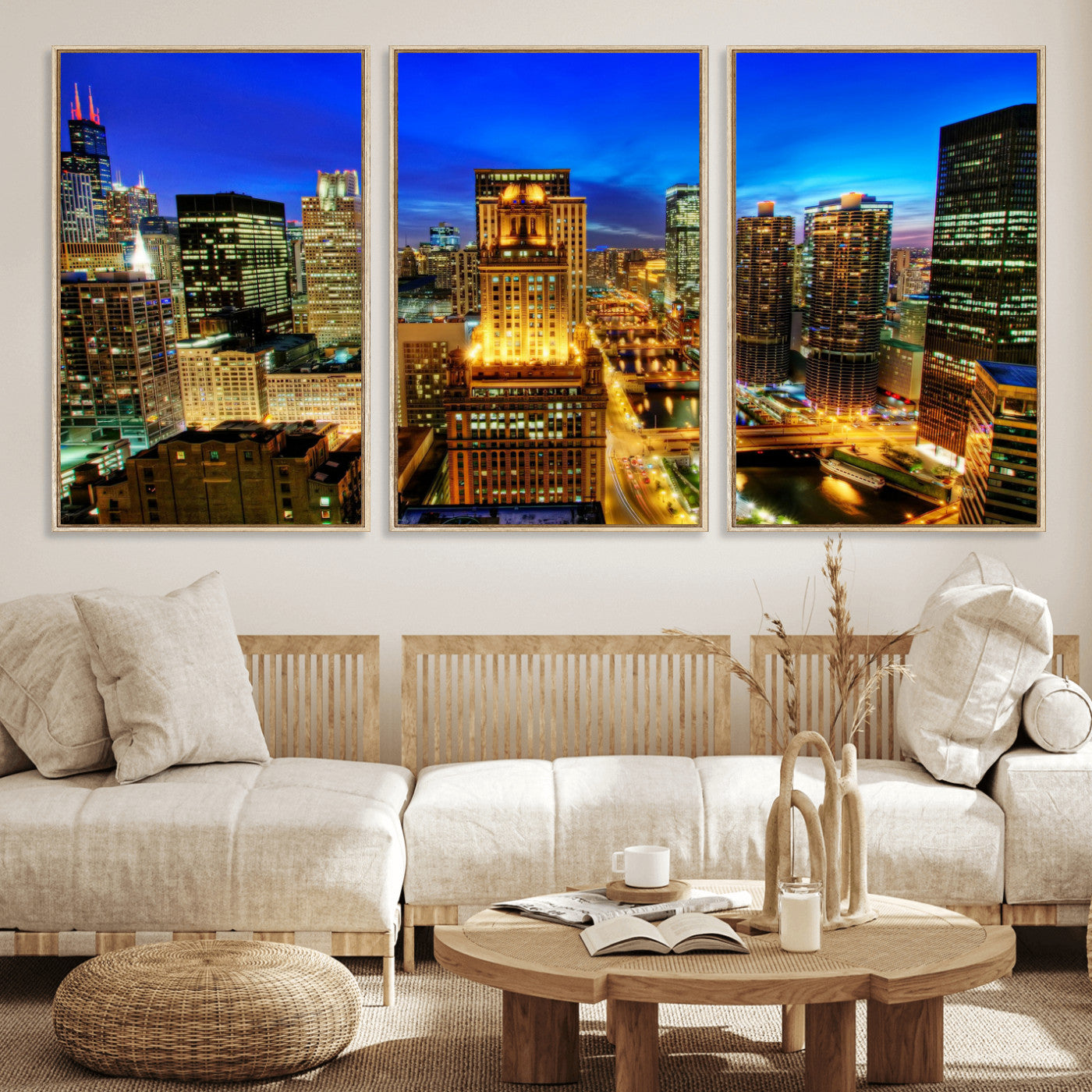 46298885-MGV-CV-36X24 - Chicago Wall Art Canvas Print, Chicago City Downtown Night Cityscape Print for Modern Urban Wall Decor