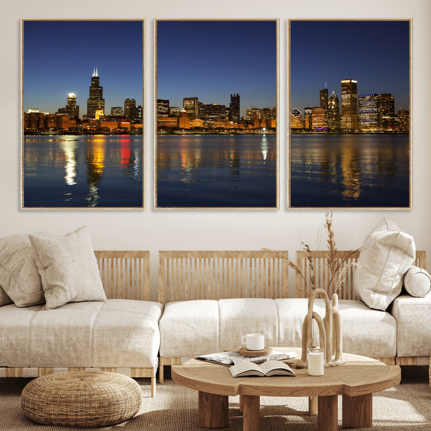 67308035-MGV-CV-36X24 - Chicago Wall Art Canvas Print, Chicago City Downtown Night Cityscape Print for Modern Urban Wall Decor
