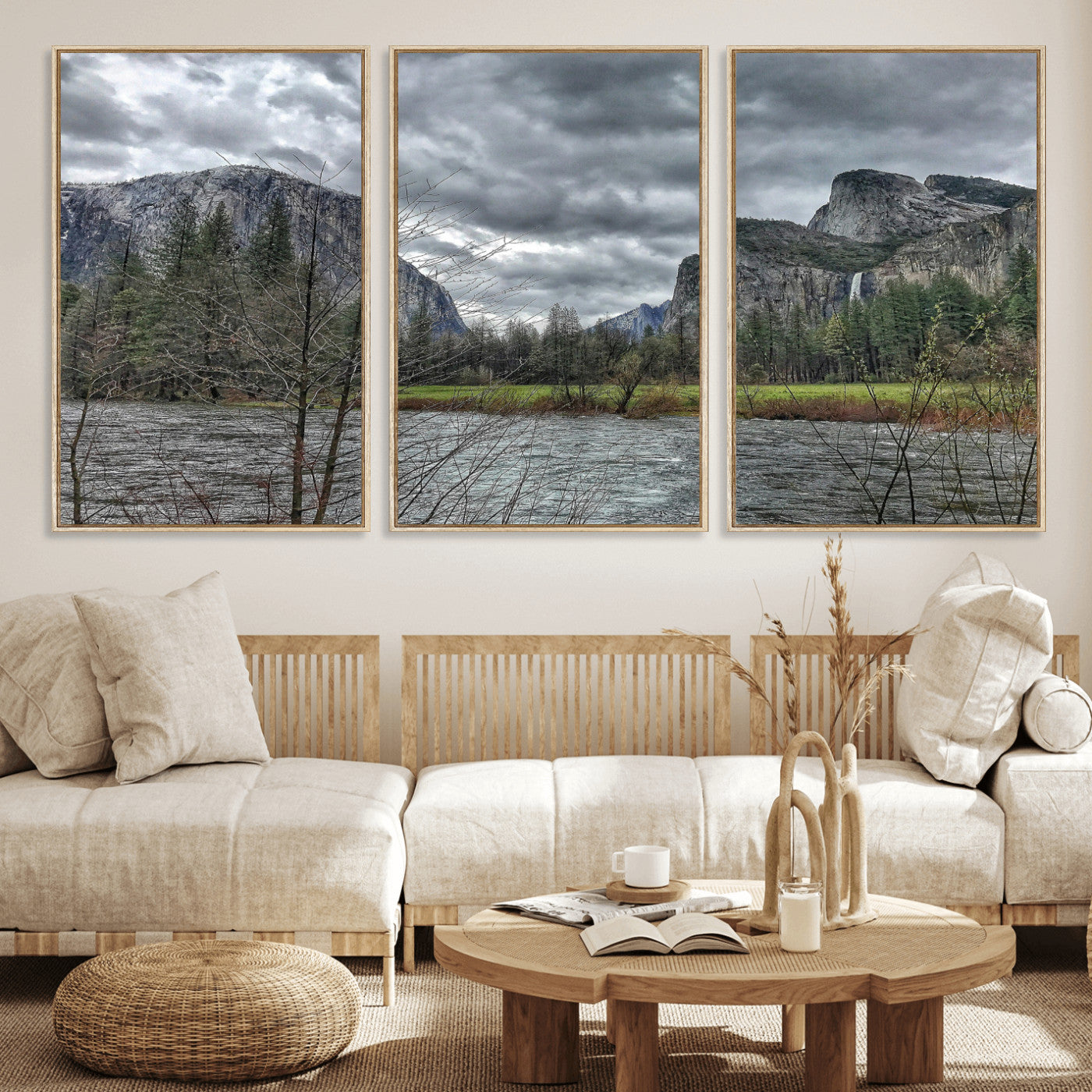75582552-MGV-CV-36X24 - Yosemite Valley River Landscape Wall Art Canvas Print, Granite Cliffs Forest River Canvas Print, California National Park Moody Scenic Art Printi