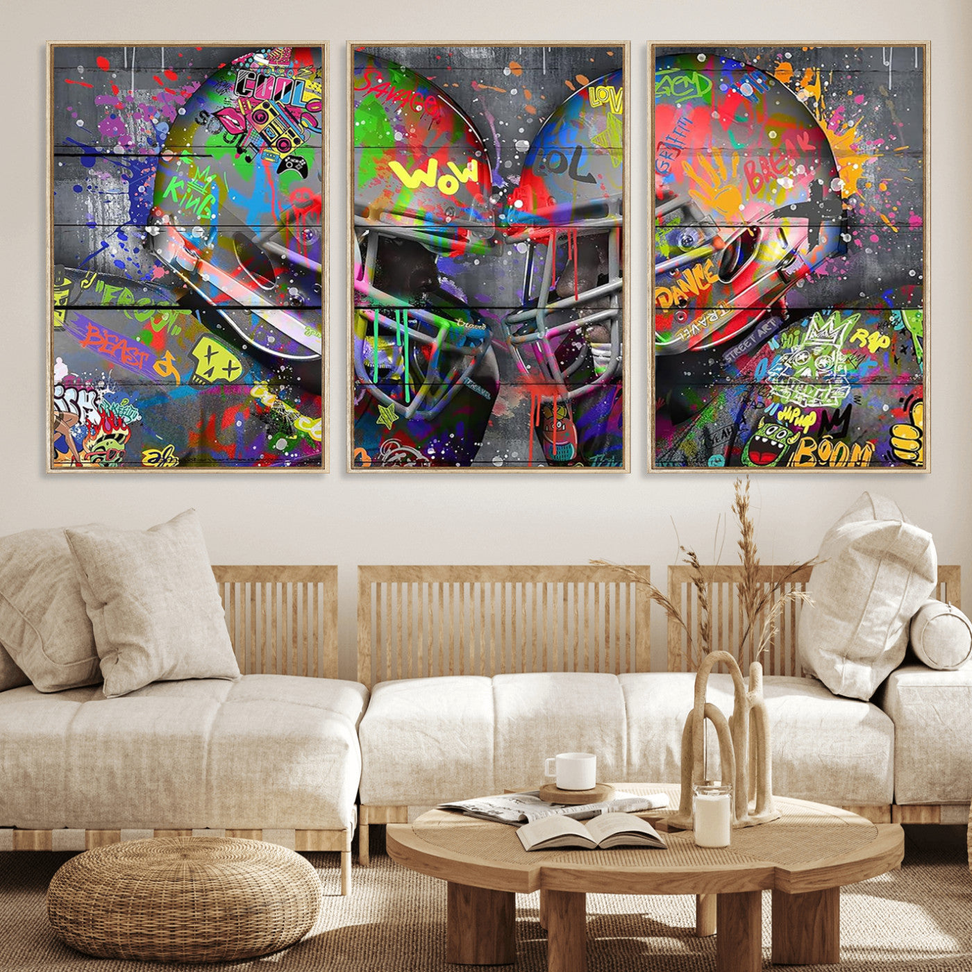 15309853-MGV-CV-36X24 - Graffiti Football Helmets Wall Art Canvas Print, Urban Street Art Sports Decor, Colorful American Football Graffiti Artwork