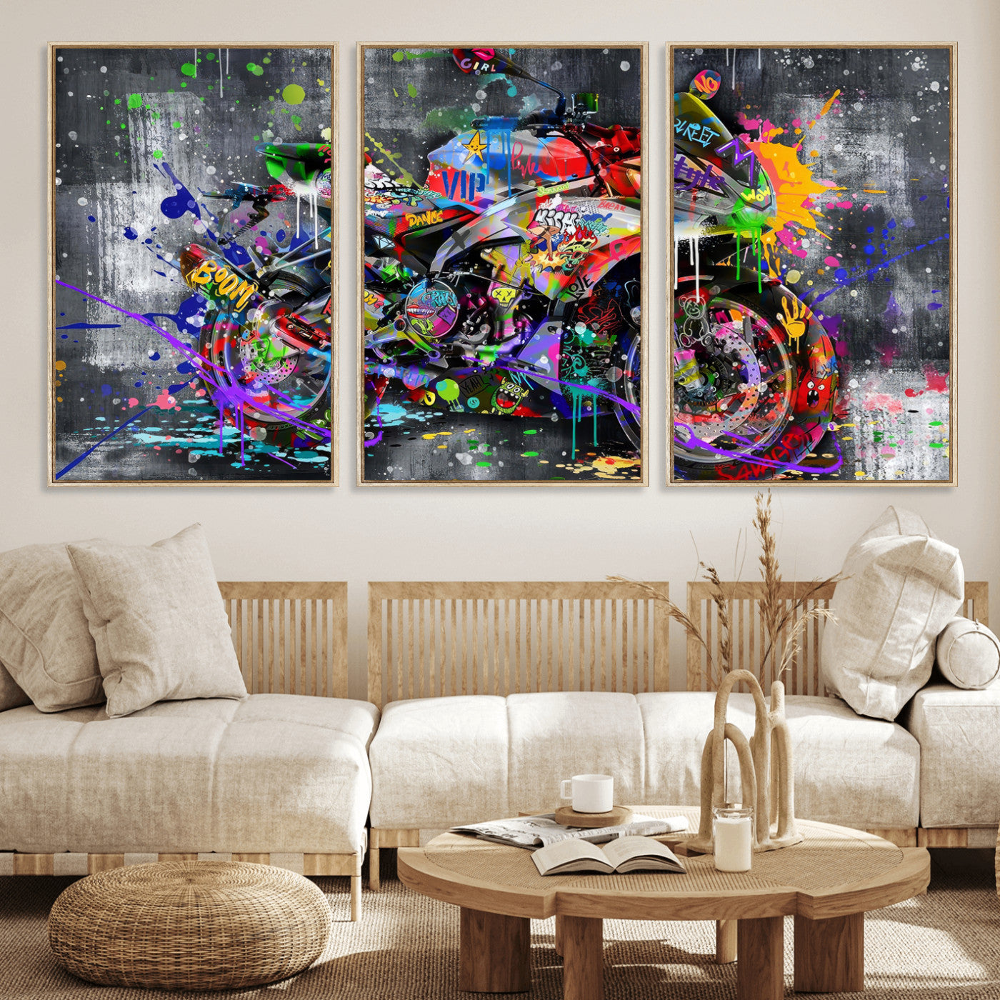 83021767-MGV-CV-36X24 - Graffiti Motorcycle Wall Art Canvas Print, Urban Street Art Motorbike Decor, Colorful Graffiti Sports Bike Artwork