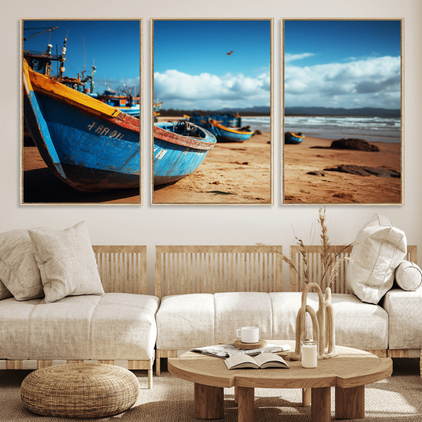 70925201-MGV-CV-36X24 - Fishing Boats Wall Art Canvas Print, Coastal Boat Beach Scene, Nautical Seaside Artwork, Ocean Shore Decor, Coastal Home Wall Art