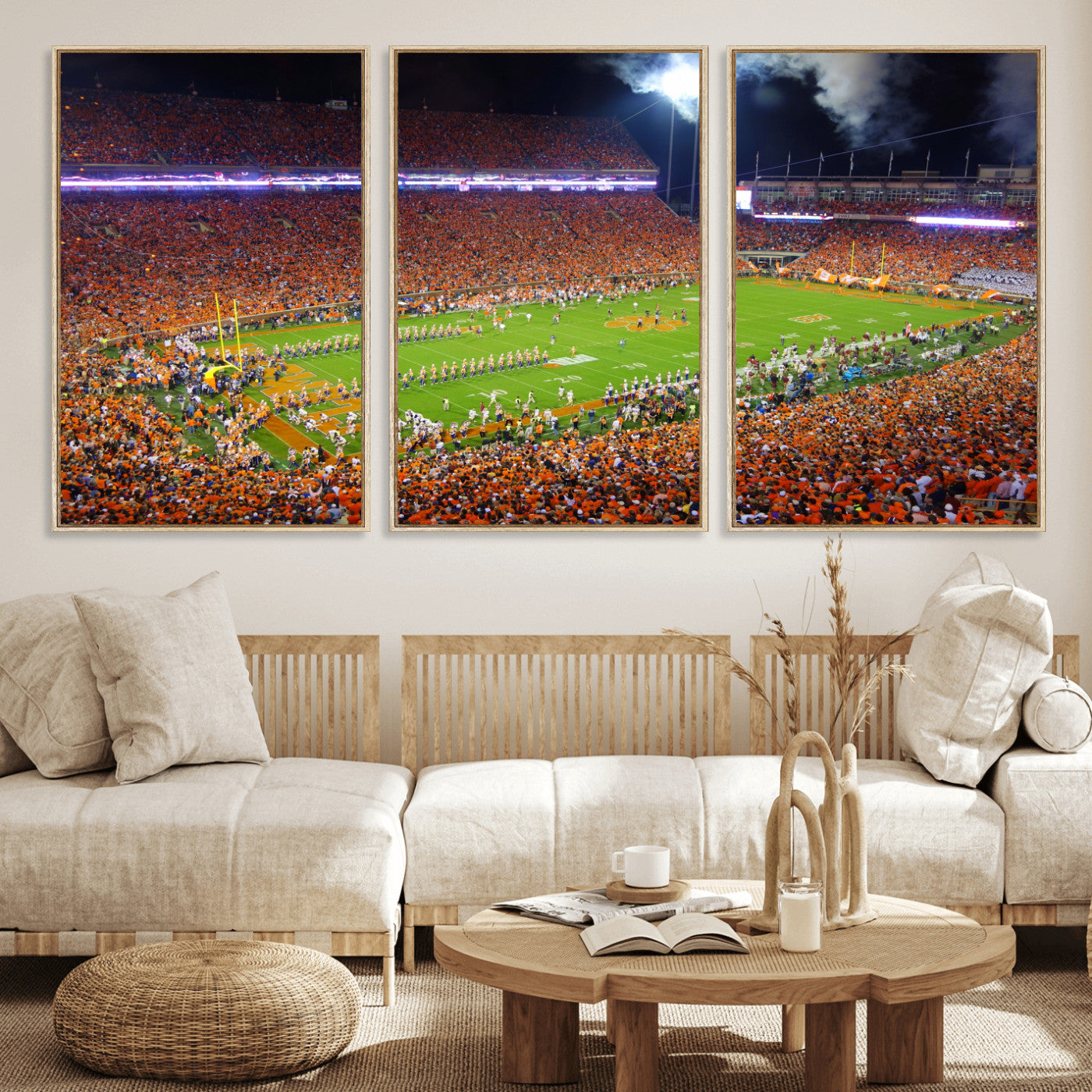 43662631-MGV-CV-36X24 - Clemson Football Stadium Wall Art Canvas Print, College Football Crowd Night Game Scene, Orange Stadium Panorama Wall Decor